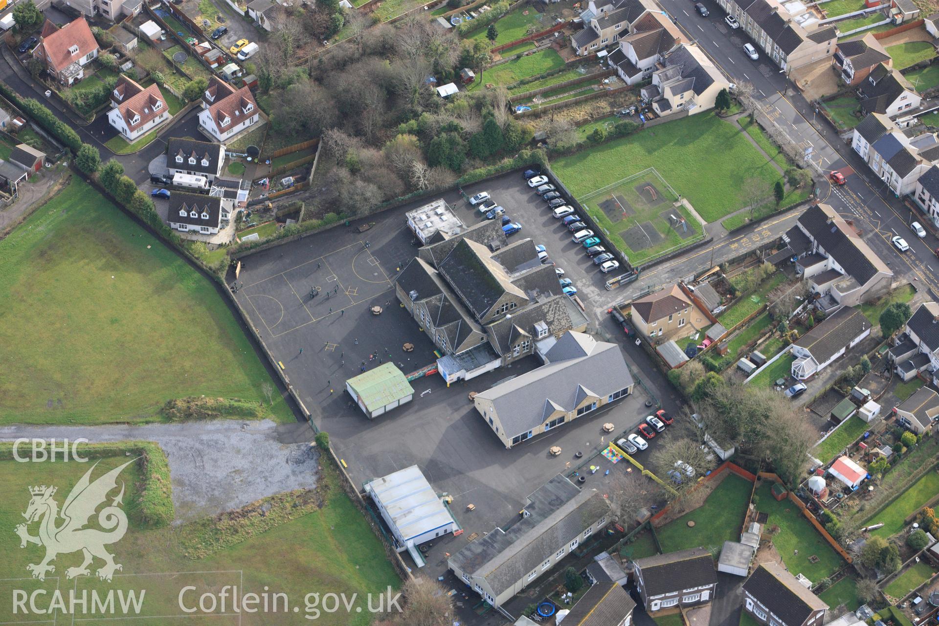 RCAHMW colour oblique photograph of Ysgol Gynradd Gymraeg Pontybrenin, Loughor Road, Gorseinon. Taken by Toby Driver on 27/01/2012.