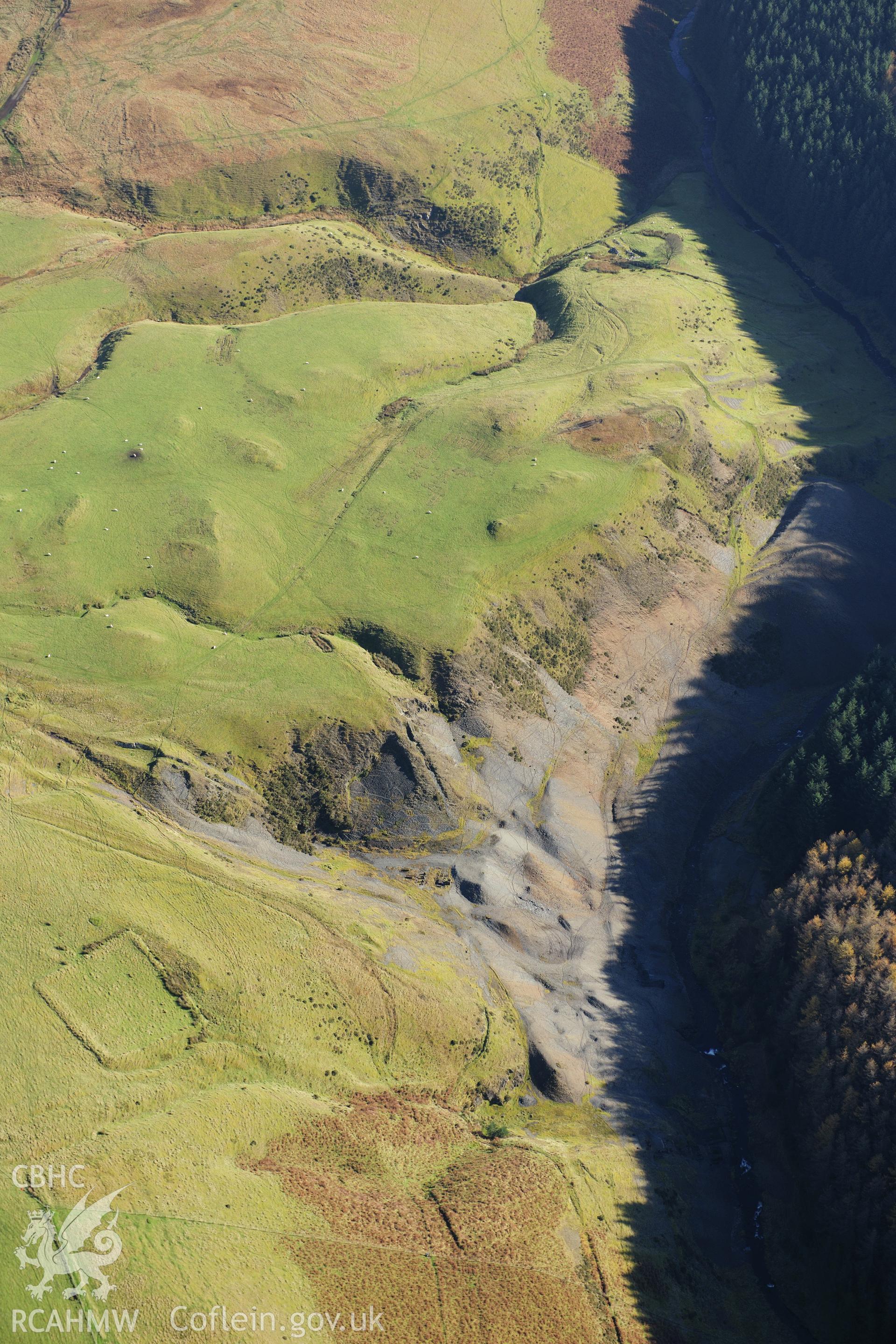 RCAHMW colour oblique photograph of Dyfngwm lead mine, and enclosure. Taken by Toby Driver on 05/11/2012.