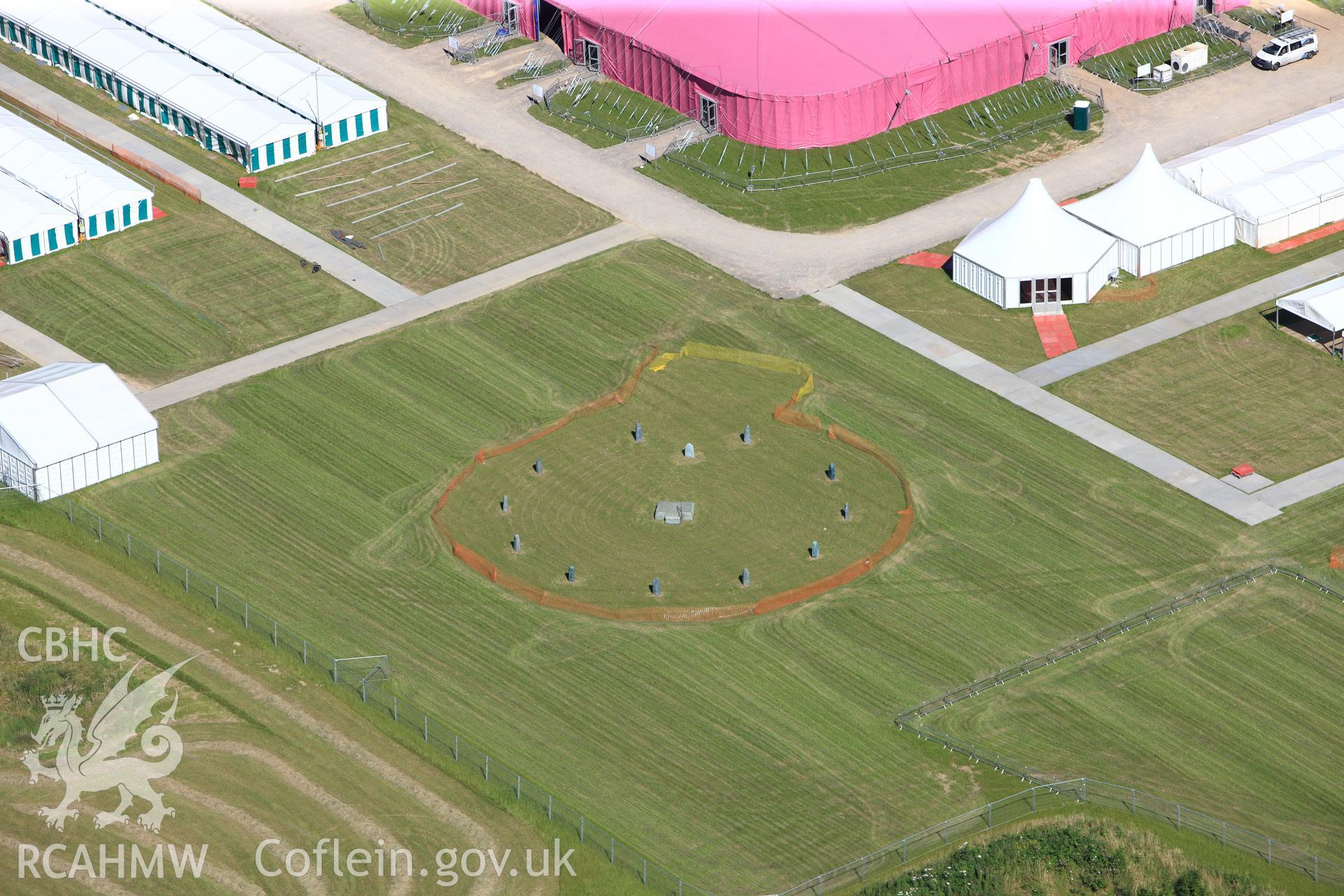 RCAHMW colour oblique photograph of Llandow Airfield, site of the 2012 National Eisteddfod of Wales, showing Gorsedd circle. Taken by Toby Driver on 24/07/2012.