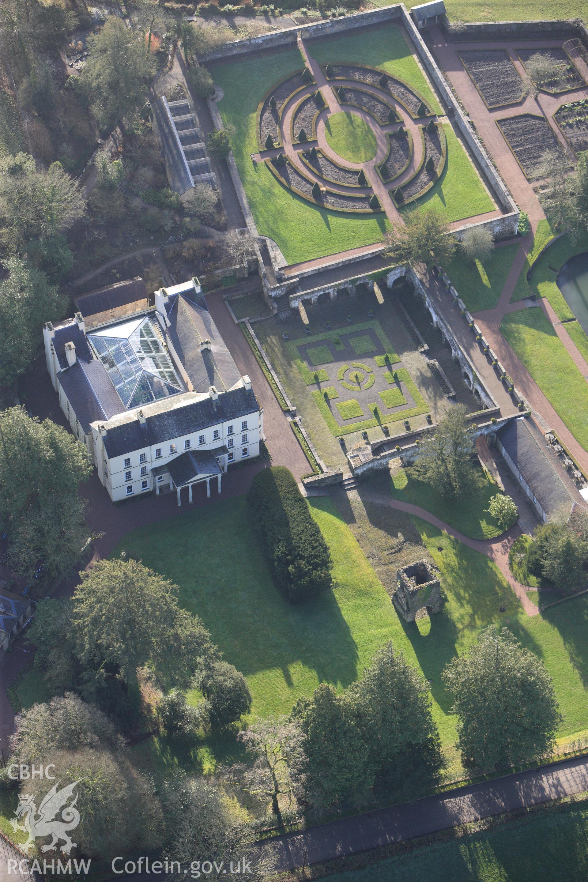 RCAHMW colour oblique photograph of Aberglasney House. Taken by Toby Driver on 27/01/2012.