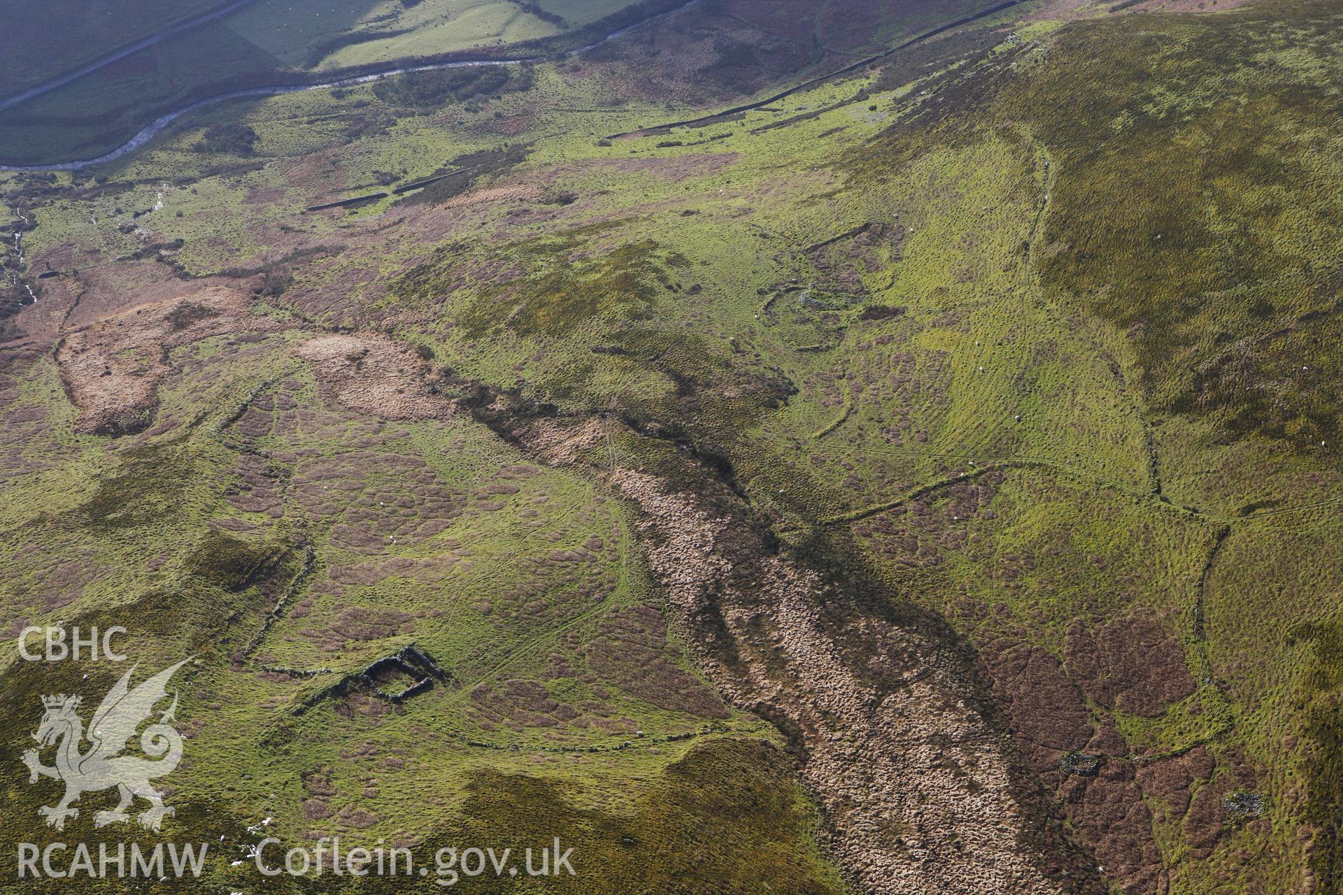 RCAHMW colour oblique photograph of Esgair Lewis deserted rural settlement. Taken by Toby Driver on 07/02/2012.