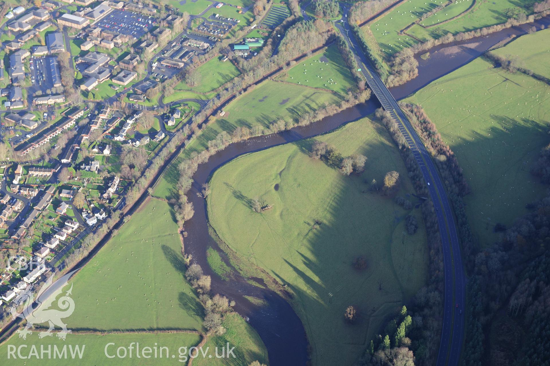 RCAHMW colour oblique photograph of Brecon, water meadows. Taken by Toby Driver on 23/11/2012.