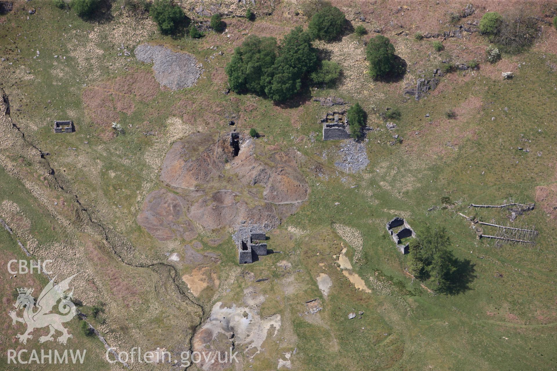 RCAHMW colour oblique photograph of Cwm Elan Lead Mine. Taken by Toby Driver on 28/05/2012.