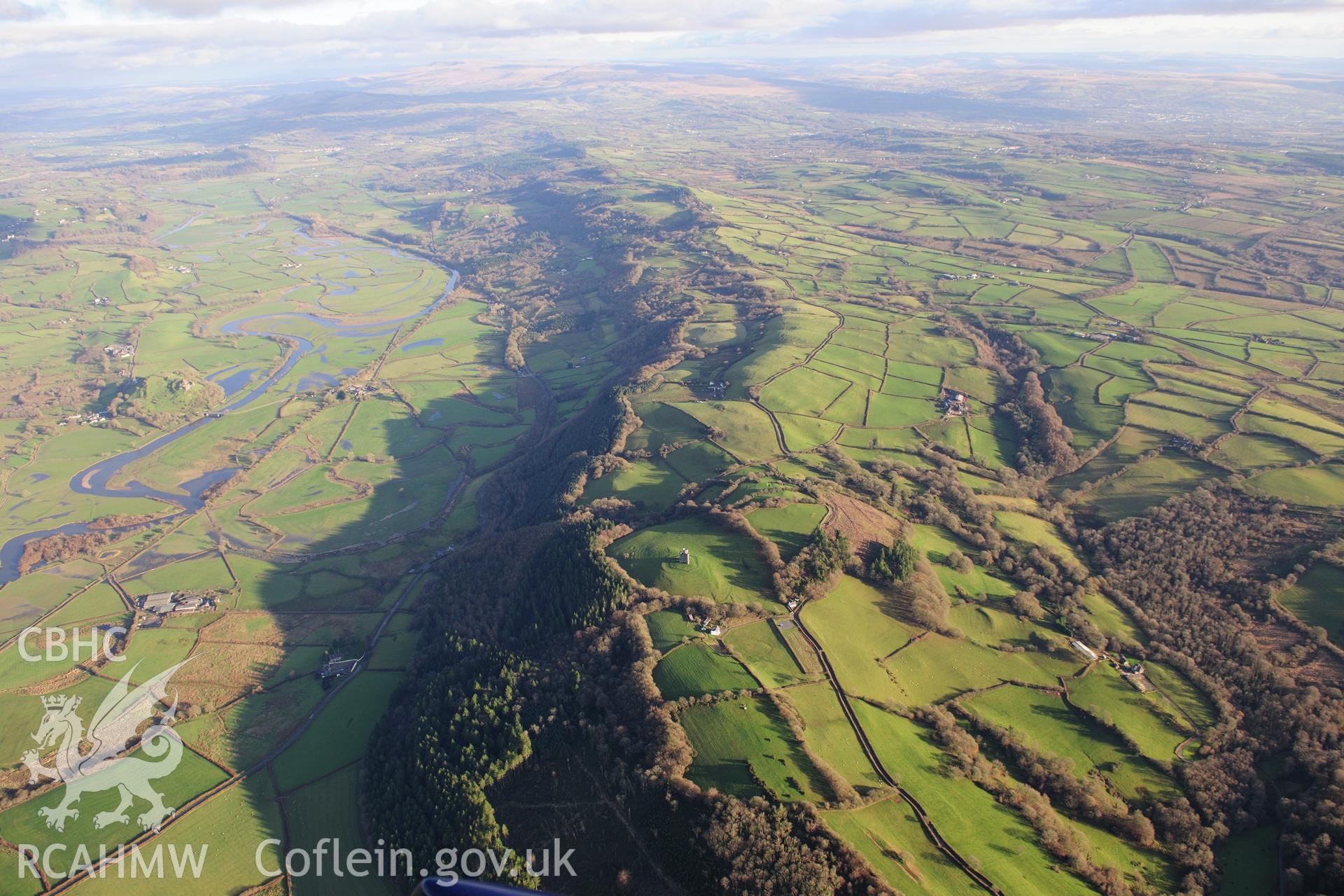 RCAHMW colour oblique photograph of Paxton's Tower, wide winter landscape from west. Taken by Toby Driver on 28/11/2012.