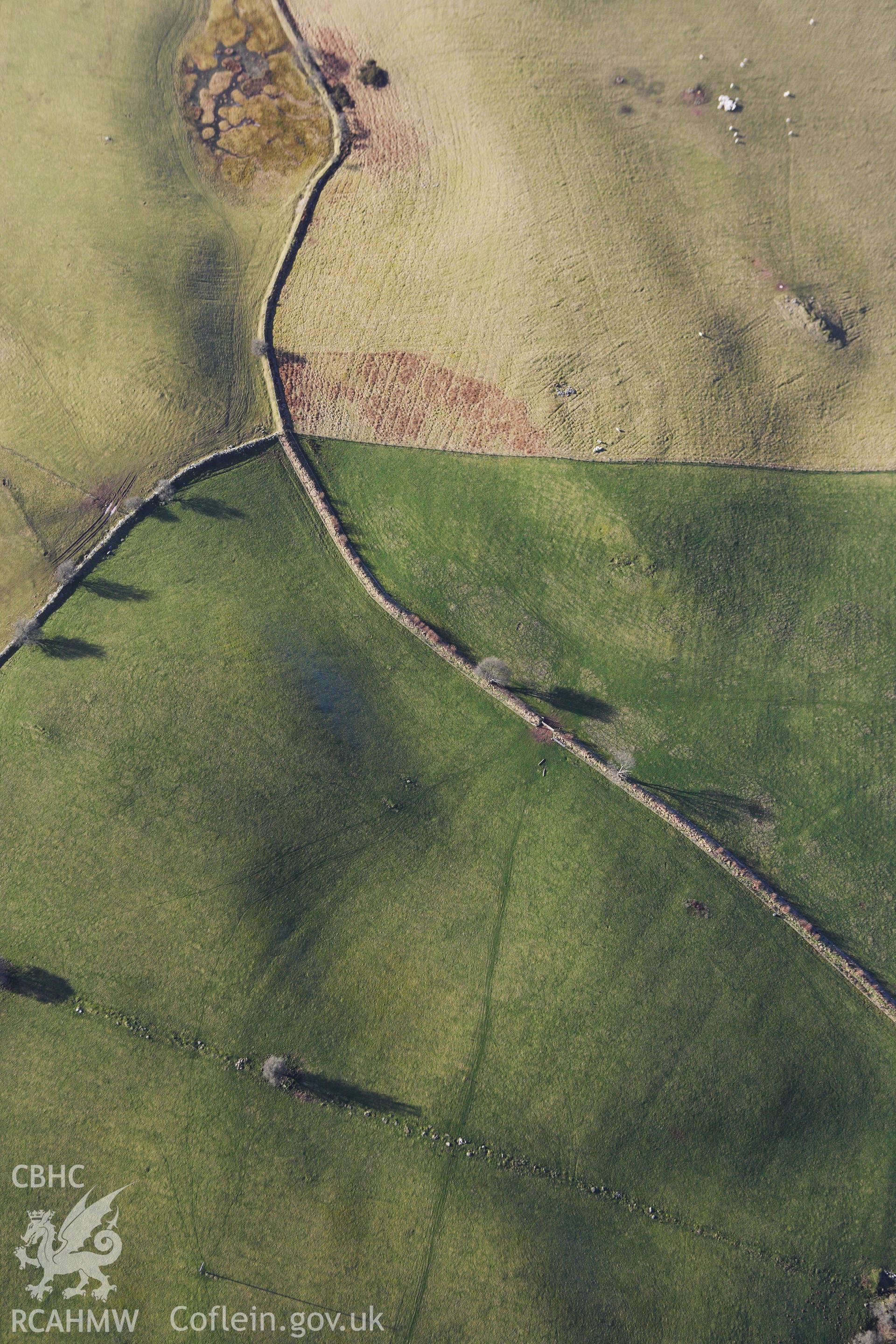 RCAHMW colour oblique photograph of Penlan Square Earthwork Enclosure. Taken by Toby Driver on 07/02/2012.
