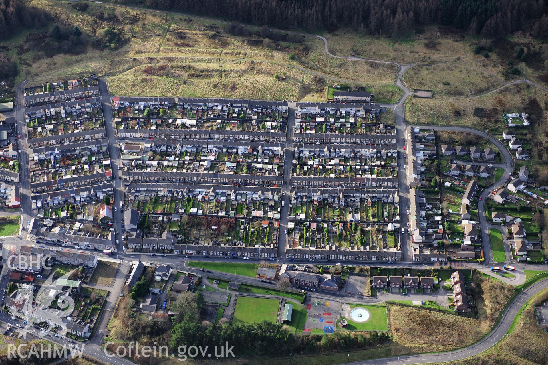 RCAHMW colour oblique photograph of Maerdy village, detailed view of terraced housing. Taken by Toby Driver on 28/11/2012.