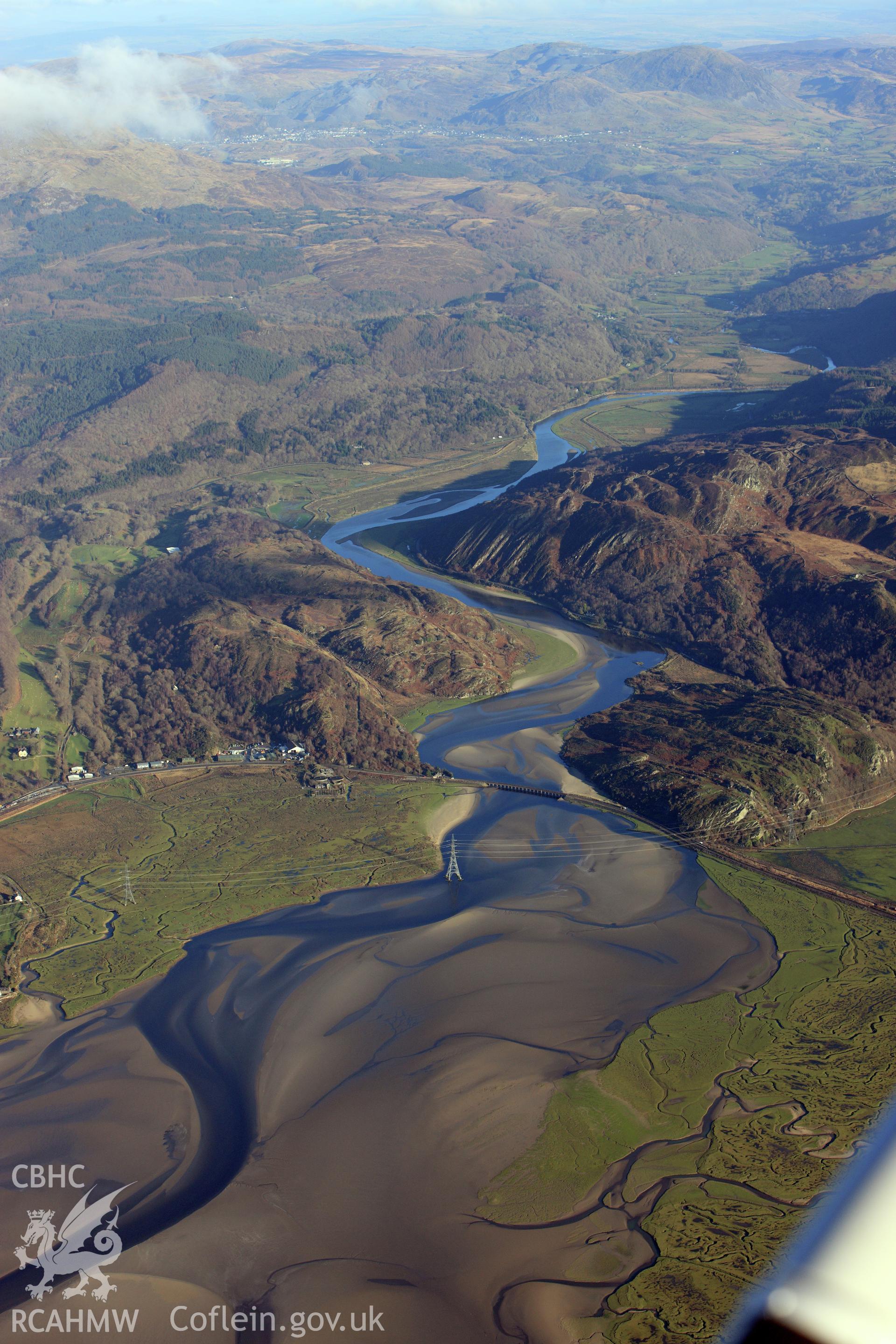 RCAHMW colour oblique photograph of Pont Briwet and Afon Dwyryd estuary, high view from west. Taken by Toby Driver on 10/12/2012.