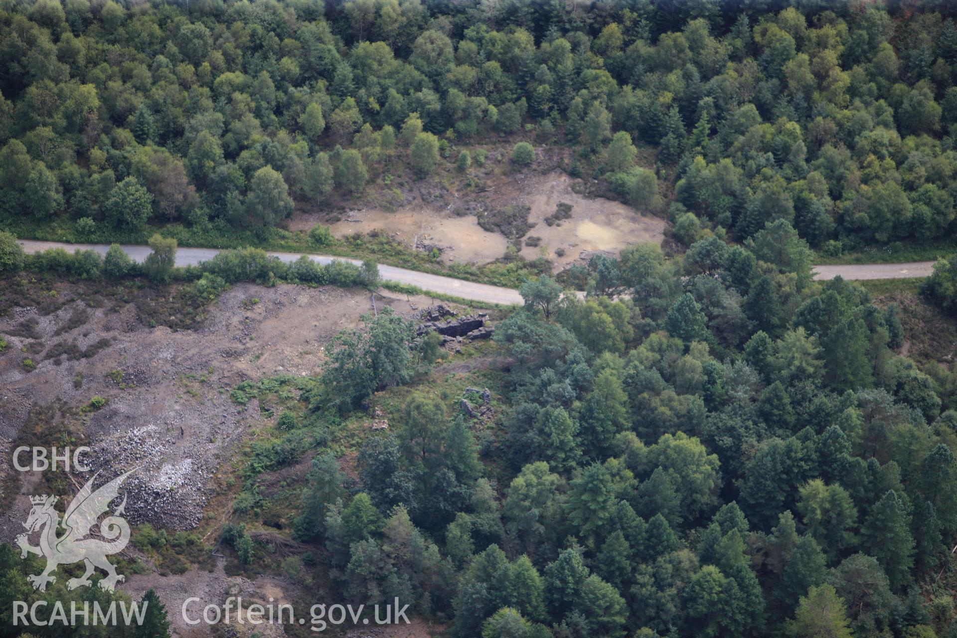 RCAHMW colour oblique photograph of Coed Mawr Pool Mine, viewed from the north. Taken by Toby Driver on 10/08/2012.