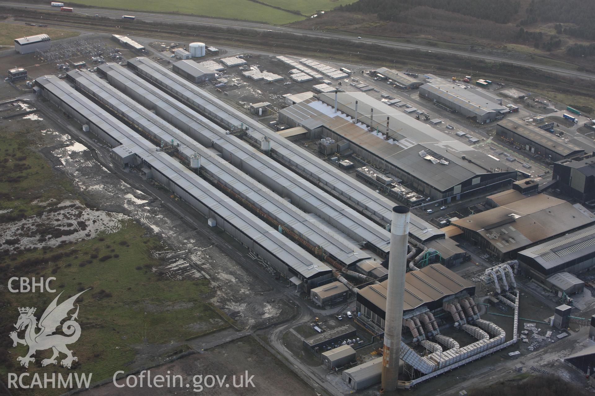 RCAHMW colour oblique photograph of Anglesey Aluminium Smelting Works, aerial survey prior to closure, stereo pair. Taken by Toby Driver on 13/01/2012.