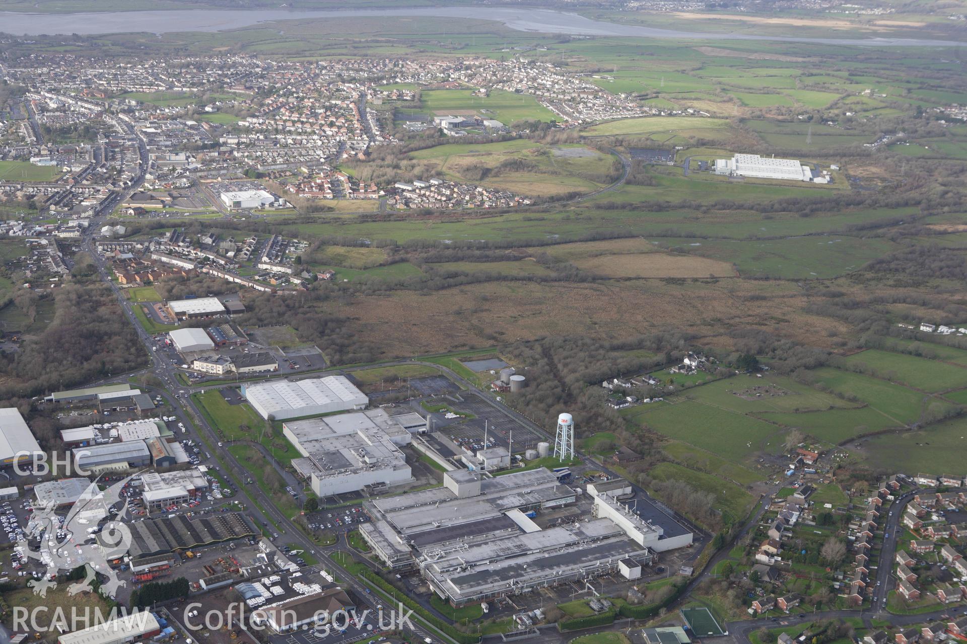 RCAHMW colour oblique photograph of Garn Goch Industrial Estate, site of Garn Goch Colliery No. 2. Taken by Toby Driver on 27/01/2012.