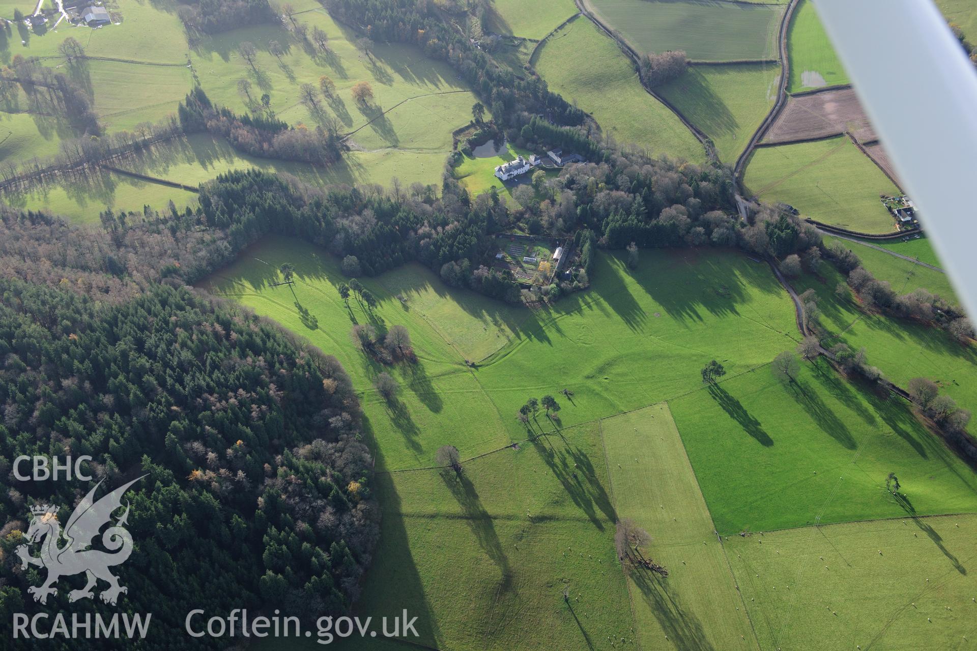 RCAHMW colour oblique photograph of Ffrwdgrech, garden, earthworks of relict field systems. Taken by Toby Driver on 23/11/2012.