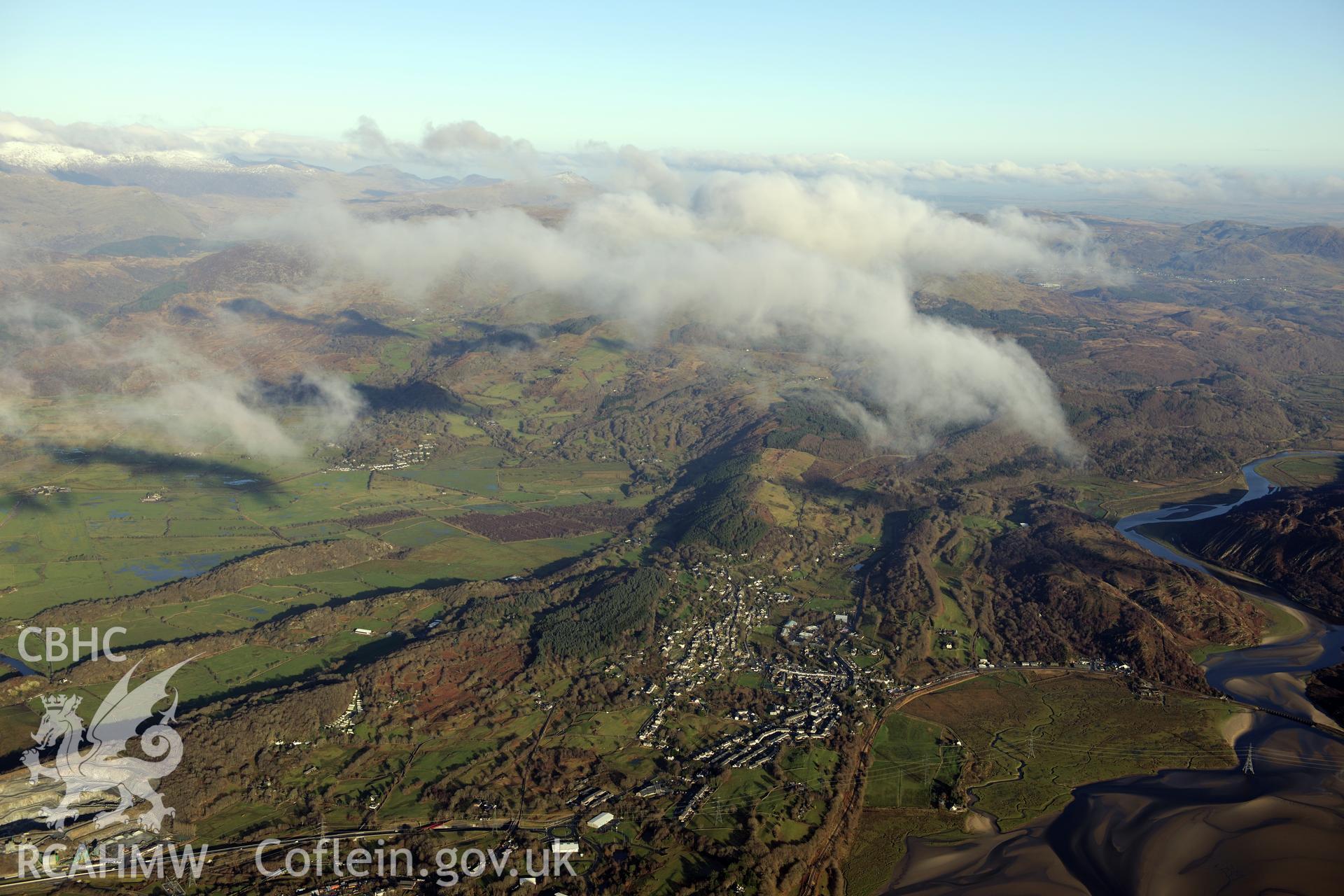 RCAHMW colour oblique photograph of Penrhyndeudraeth, and site of Cooke's Works, high landscape view. Taken by Toby Driver on 10/12/2012.