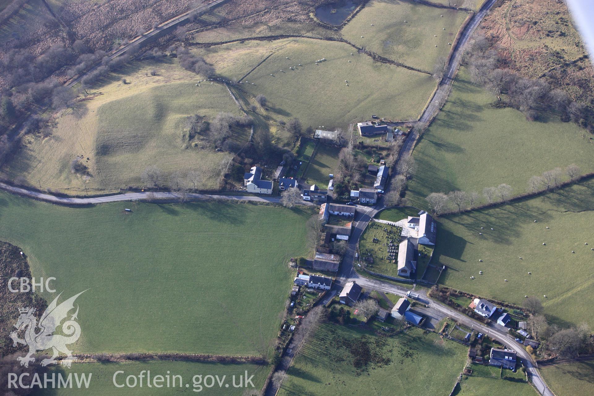 RCAHMW colour oblique photograph of Ystrad Meurig Village. Taken by Toby Driver on 07/02/2012.