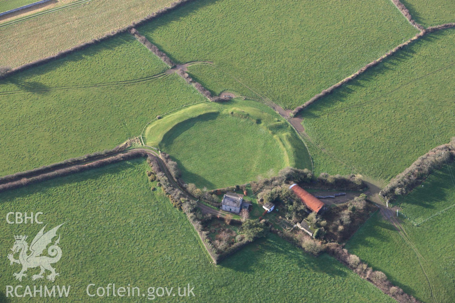 RCAHMW colour oblique photograph of Castell Bryn gwyn, in low winter light. Taken by Toby Driver on 13/01/2012.