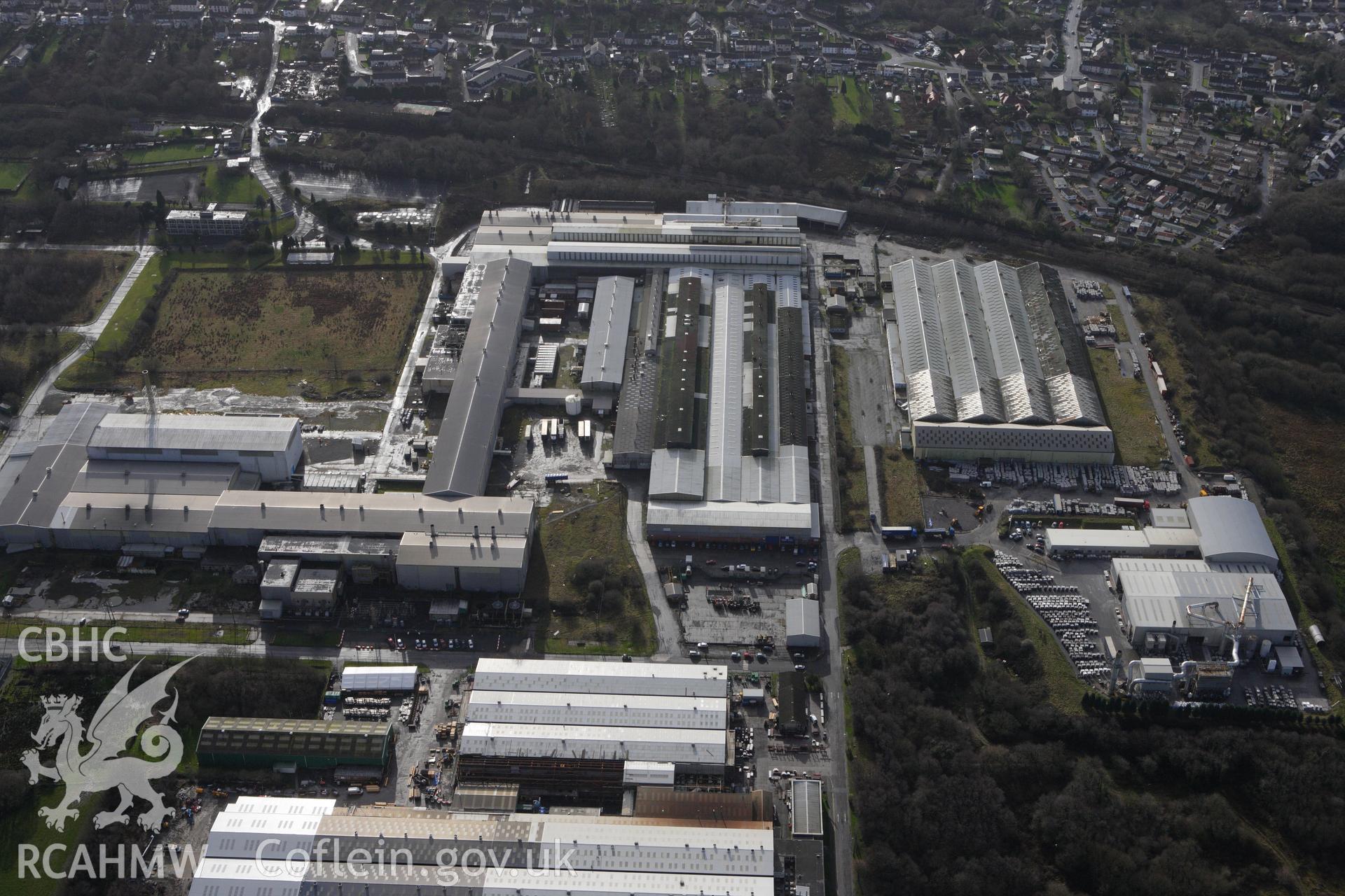 RCAHMW colour oblique photograph of ICI Metal Works (Alcoa Factory), Waunarlwydd, Gowerton. Taken by Toby Driver on 27/01/2012.