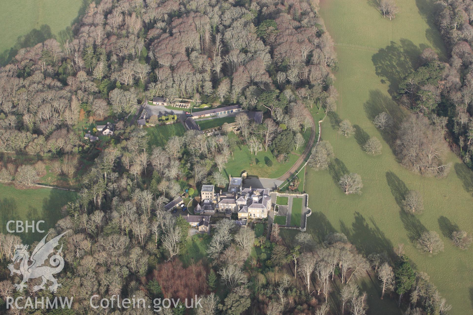 RCAHMW colour oblique photograph of Bodorgan Mansion and gardens. Taken by Toby Driver on 13/01/2012.