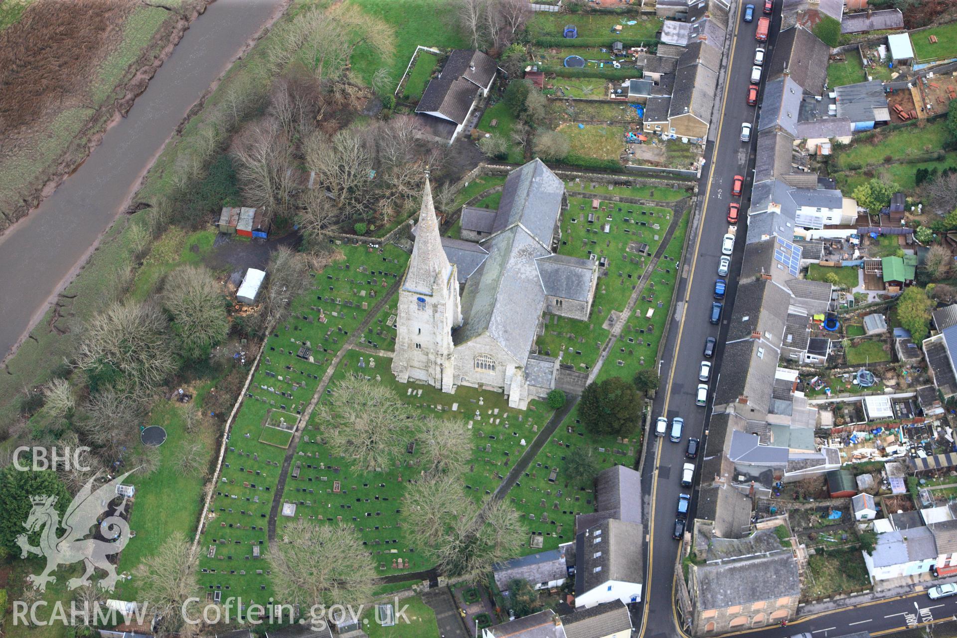 RCAHMW colour oblique photograph of St. Mary's Church, Kidwelly. Taken by Toby Driver on 27/01/2012.