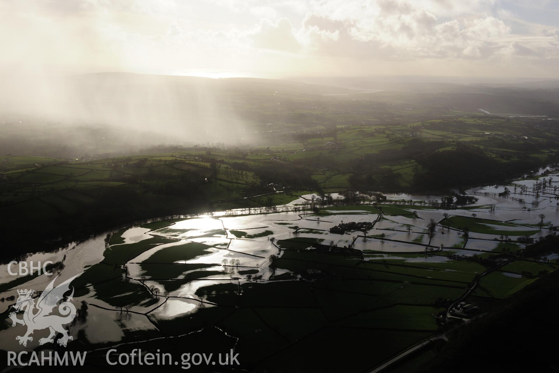 RCAHMW colour oblique photograph of Glantowy Fawr farm, with flooding, view from north-east. Taken by Toby Driver on 23/11/2012.