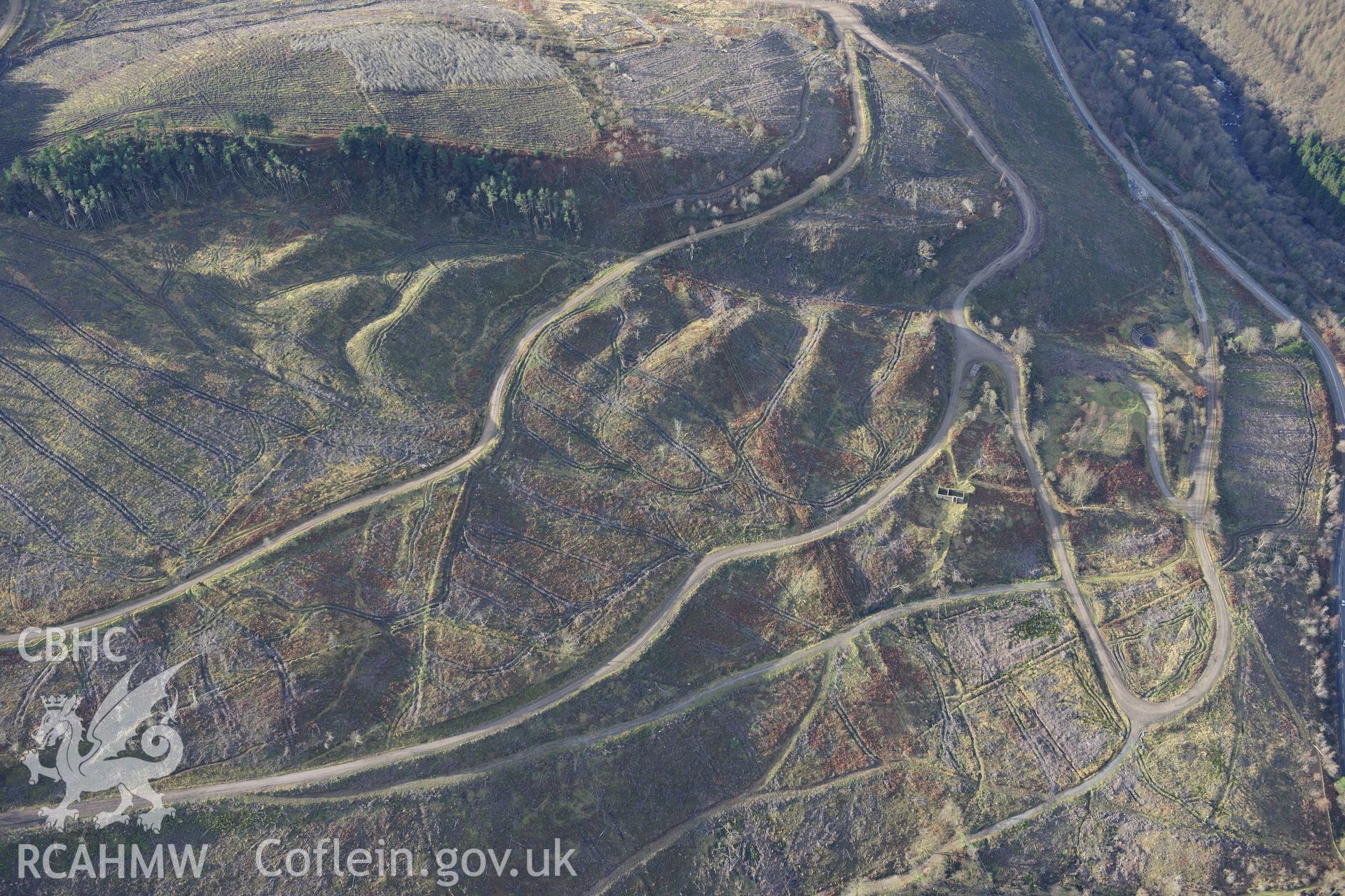 RCAHMW colour oblique photograph of Ty Maen field barn, and forest clearance. Taken by Toby Driver on 28/11/2012.