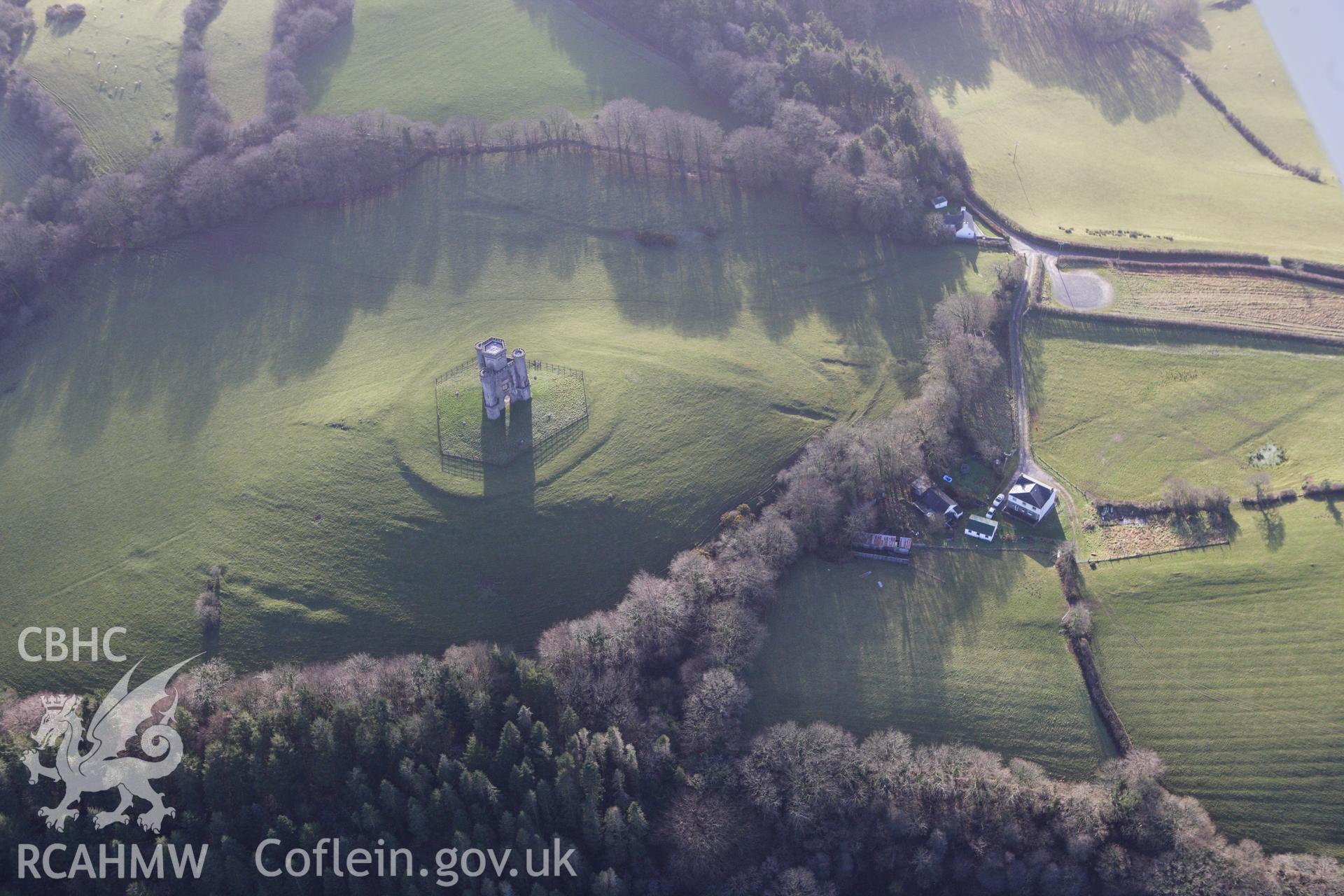 RCAHMW colour oblique photograph of Nelson's Tower (Paxton's Tower), near Middleton Hall. Taken by Toby Driver on 27/01/2012.