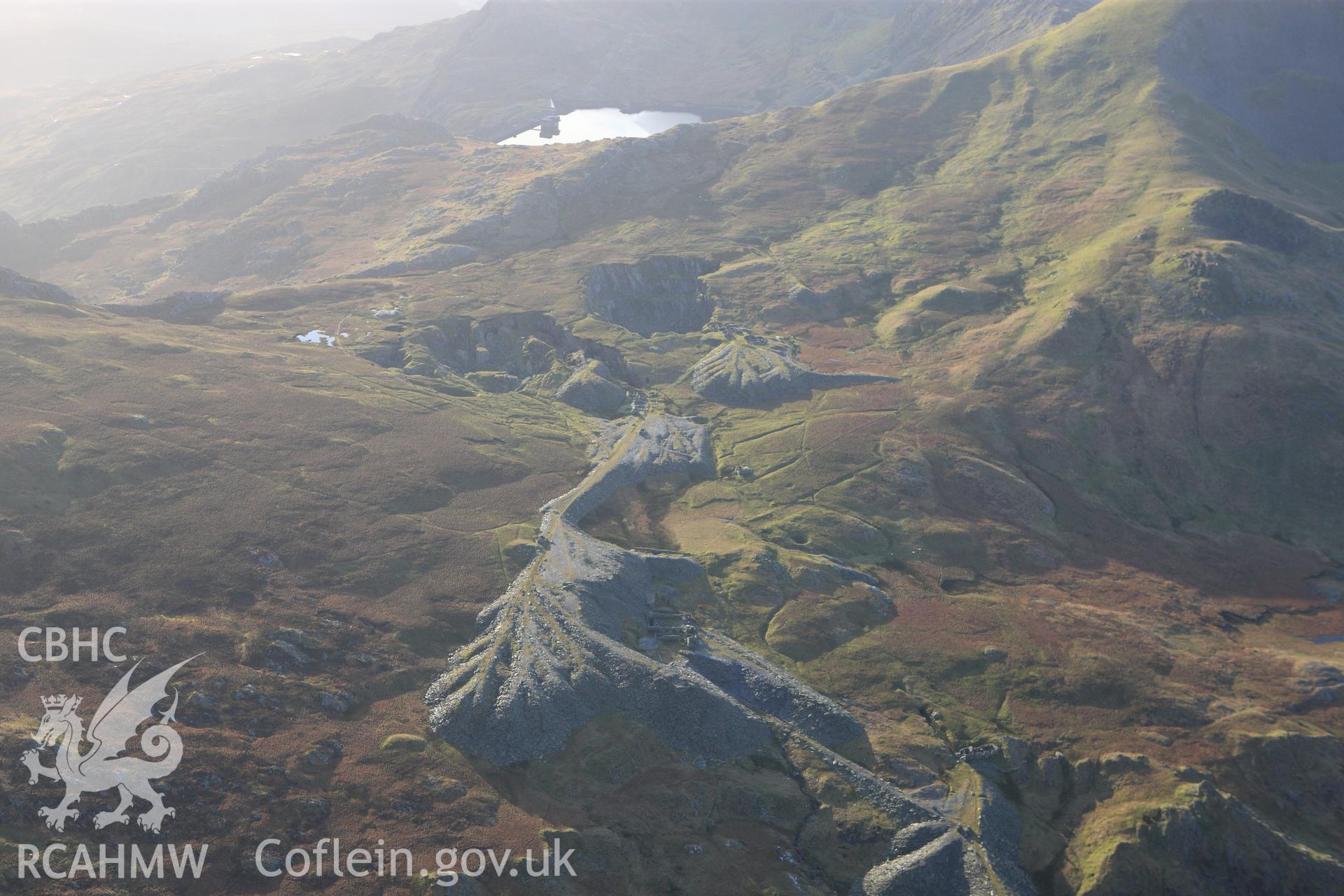 RCAHMW colour oblique photograph of Rhosydd slate quarry, upper workings. Taken by Toby Driver on 13/01/2012.