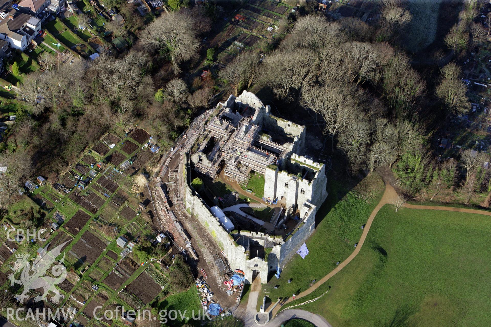 RCAHMW colour oblique photograph of Oystermouth Castle, during renovation work. Taken by Toby Driver on 02/02/2012.