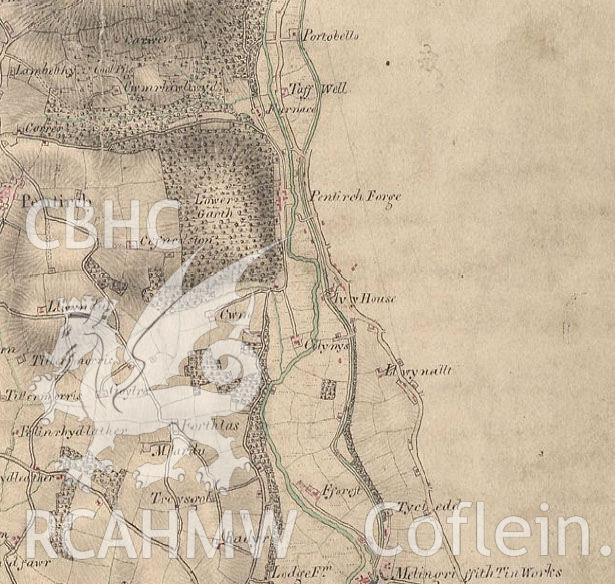 Digital image of part of 1811 map showing Morganstown Motte, Radyr. From a Cambrian Archaeological Projects assessment survey by Dr Amelia Pannett (CAP Report 592).