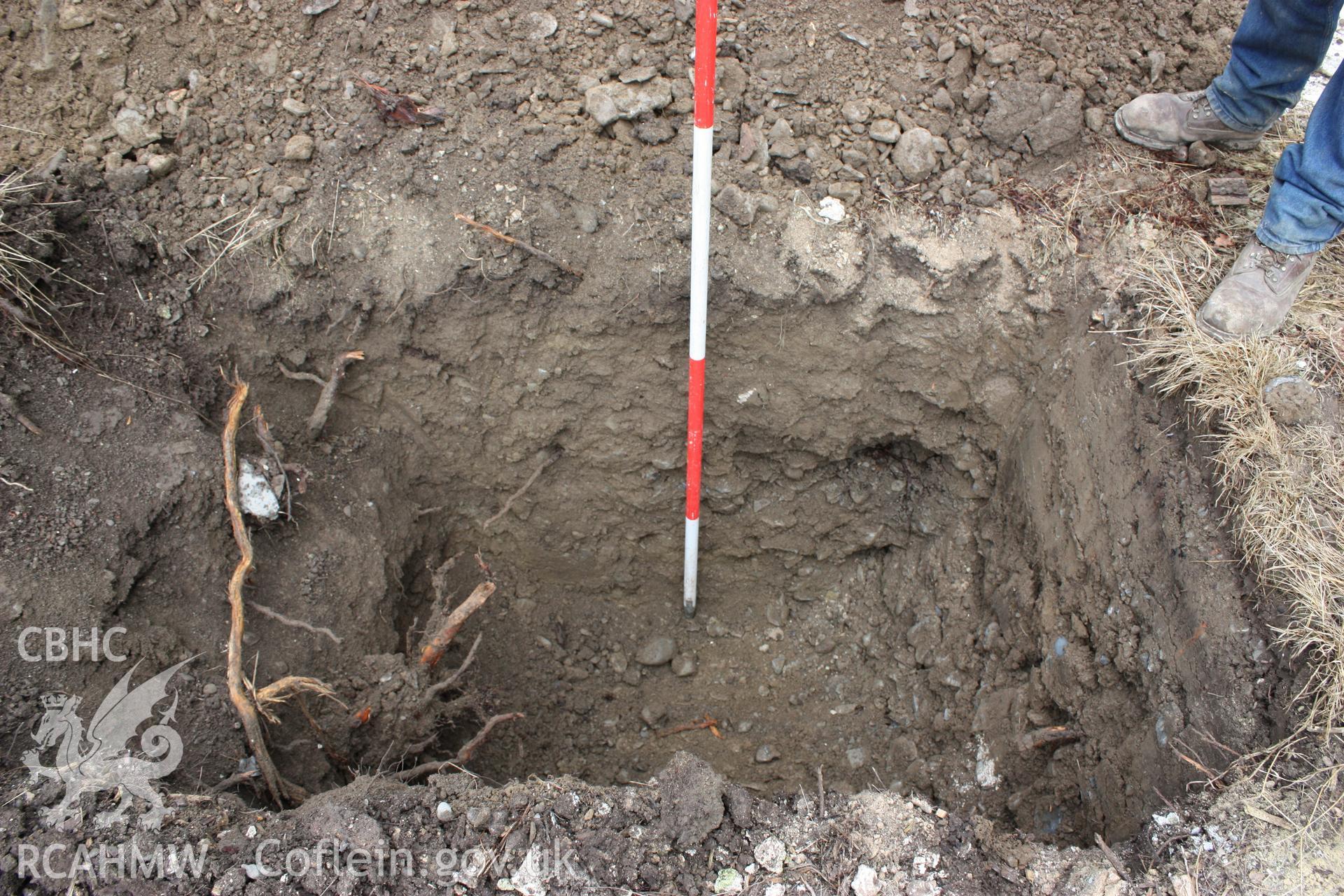 Digital photograph showing Sondage 2 in swimming pool development area - part of archaeological field evaluation at Trawscoed Mansion, Trawscoed, produced by Cambrian Archaeological Projects Ltd.