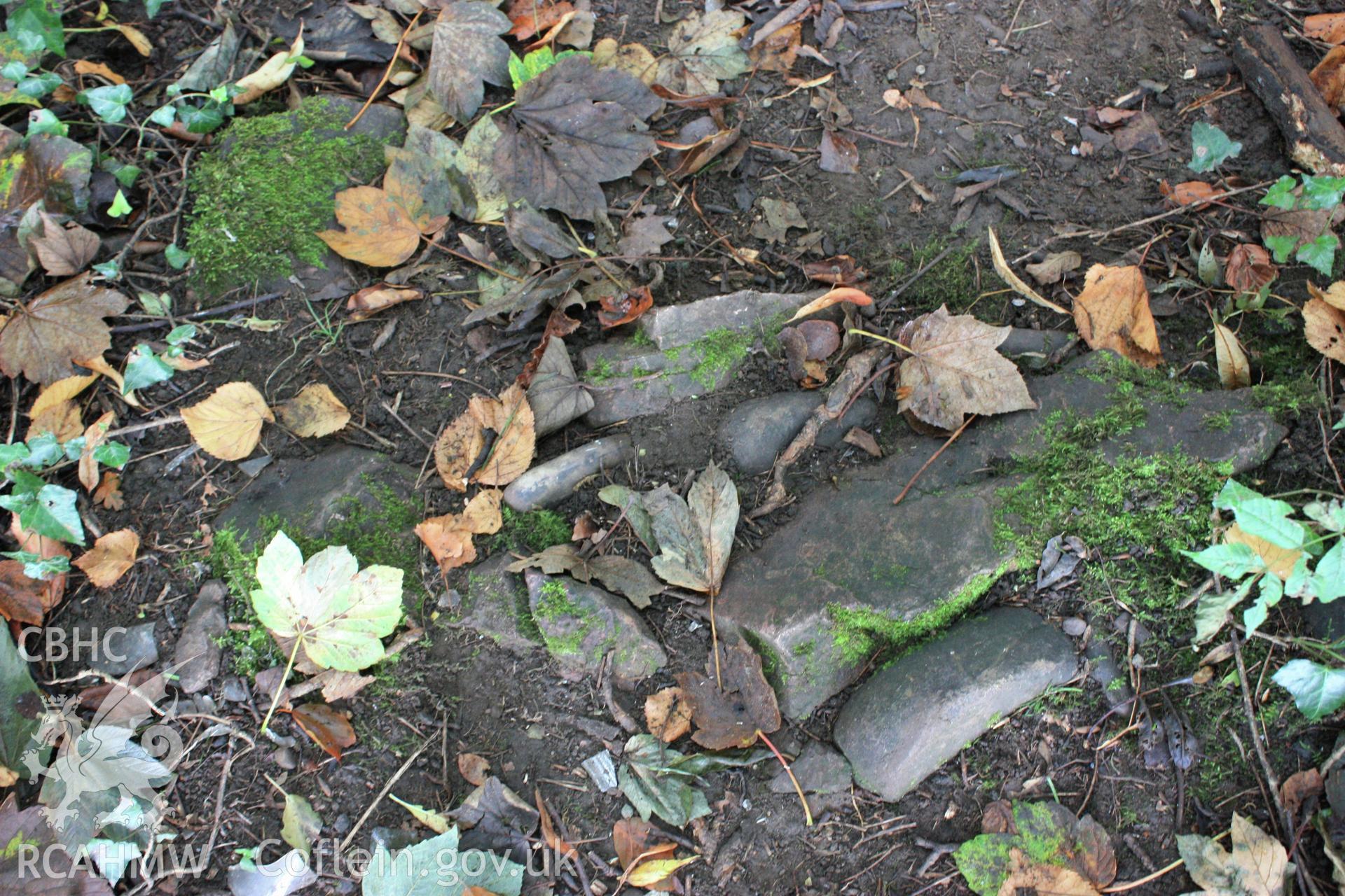 Colour digital image showing detail of stone wall around western side of moat- shows quarried stones and occasional river pebbles. At Morganstown Motte, Radyr. From a Cambrian Archaeological Projects assessment survey by Dr Amelia Pannett (CAP Report 592)