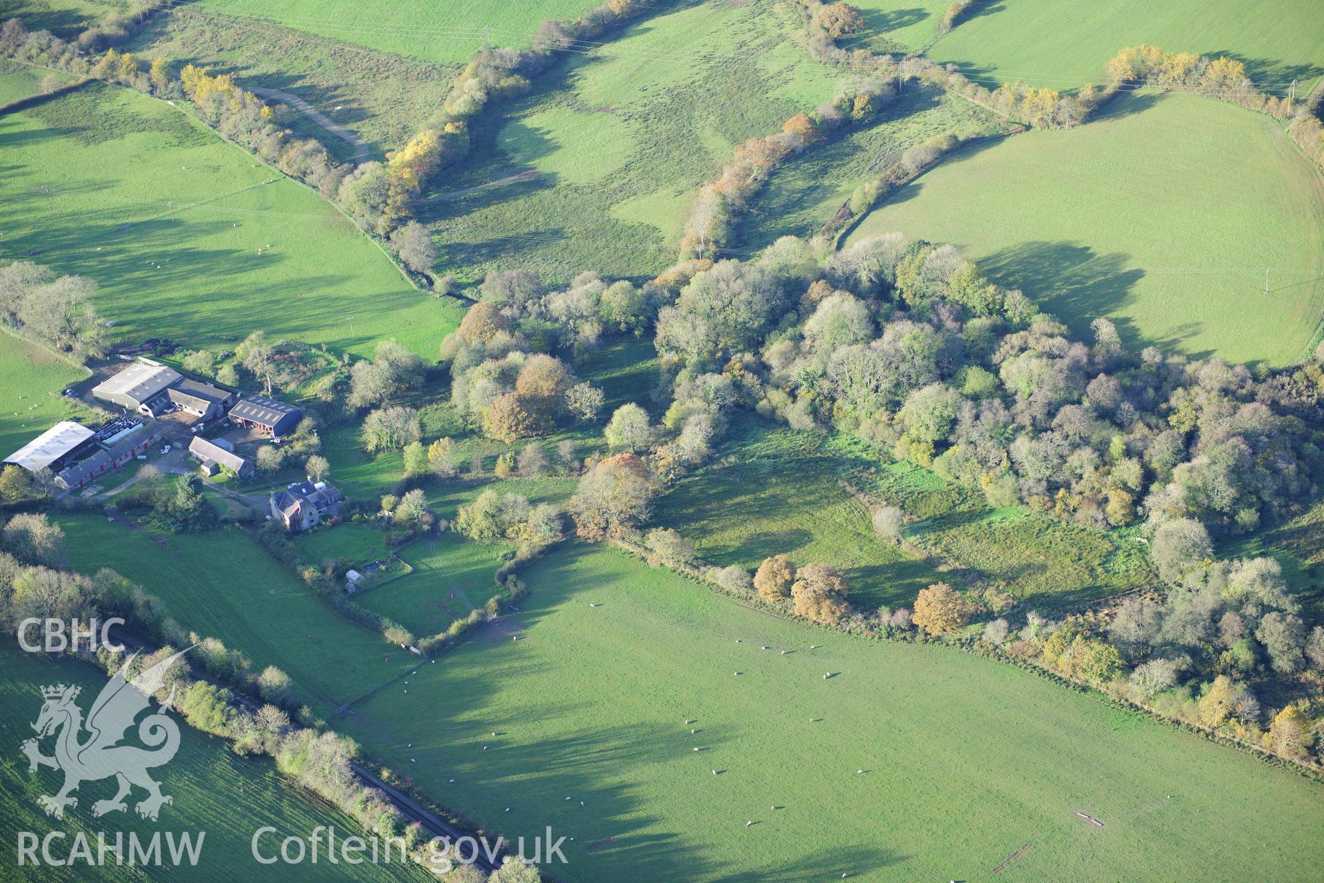 RCAHMW colour oblique photograph of Llangwathan Castle. Taken by Toby Driver on 26/10/2012.