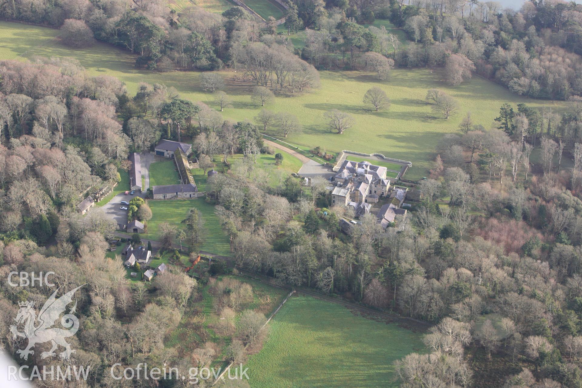 RCAHMW colour oblique photograph of Bodorgan Mansion and gardens. Taken by Toby Driver on 13/01/2012.