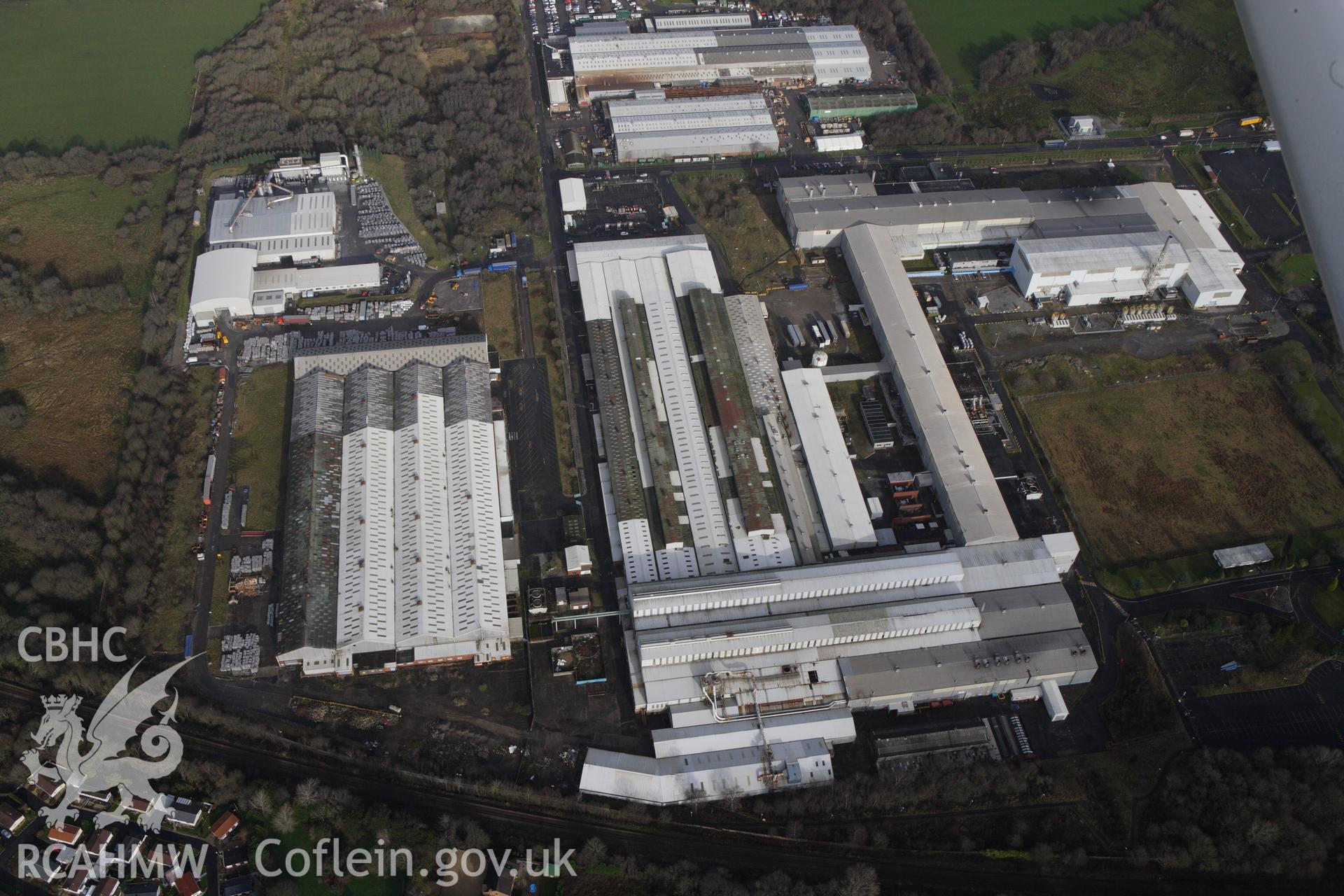 RCAHMW colour oblique photograph of ICI Metal Works (Alcoa Factory), Waunarlwydd, Gowerton. Taken by Toby Driver on 27/01/2012.