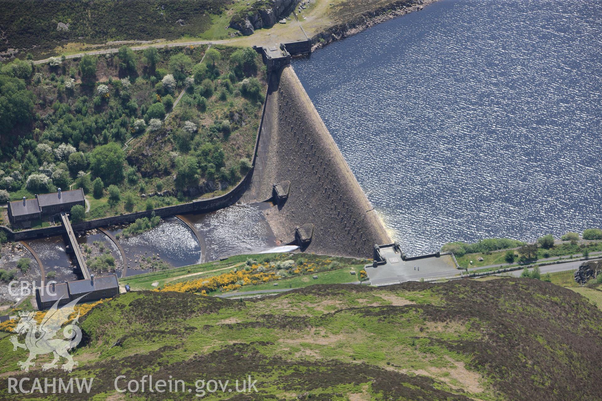 RCAHMW colour oblique photograph of Caban Coch Dam, Elan Valley Water Scheme. Taken by Toby Driver on 28/05/2012.