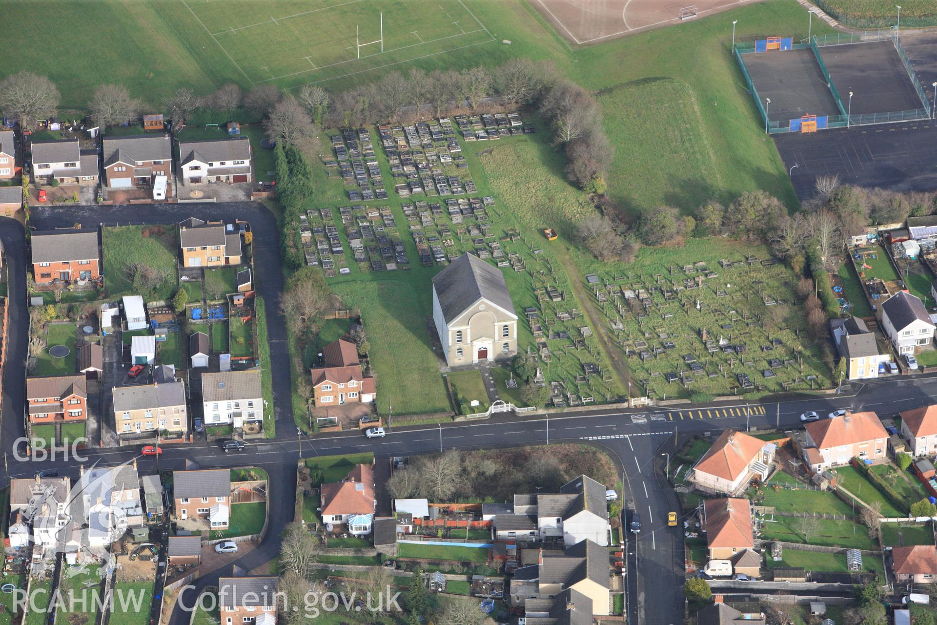 RCAHMW colour oblique photograph of Brynteg Independent Chapel, Gorseinon. Taken by Toby Driver on 27/01/2012.