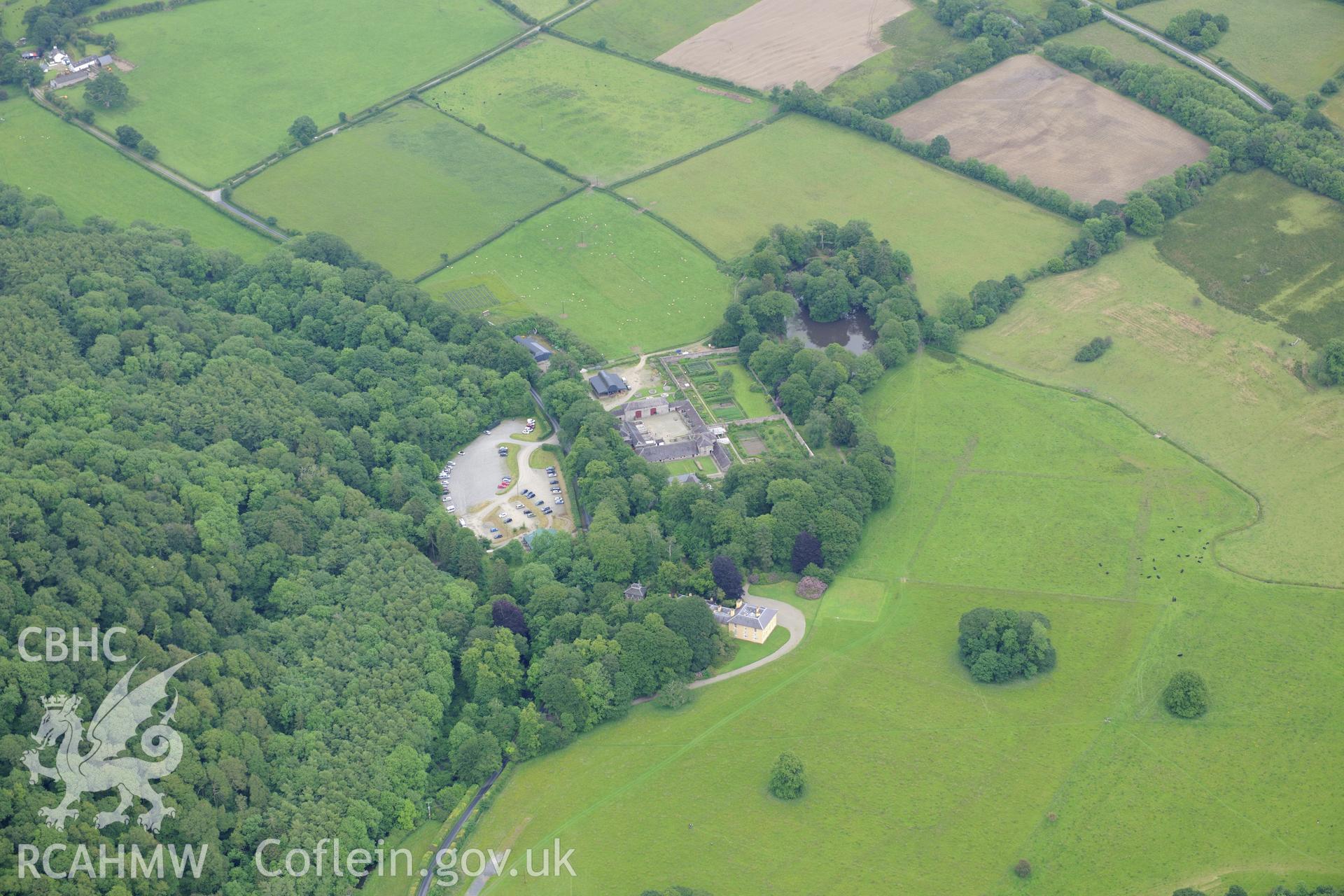 RCAHMW colour oblique photograph of Llanerchaeron, house and garden. Taken by Toby Driver on 19/06/2012.
