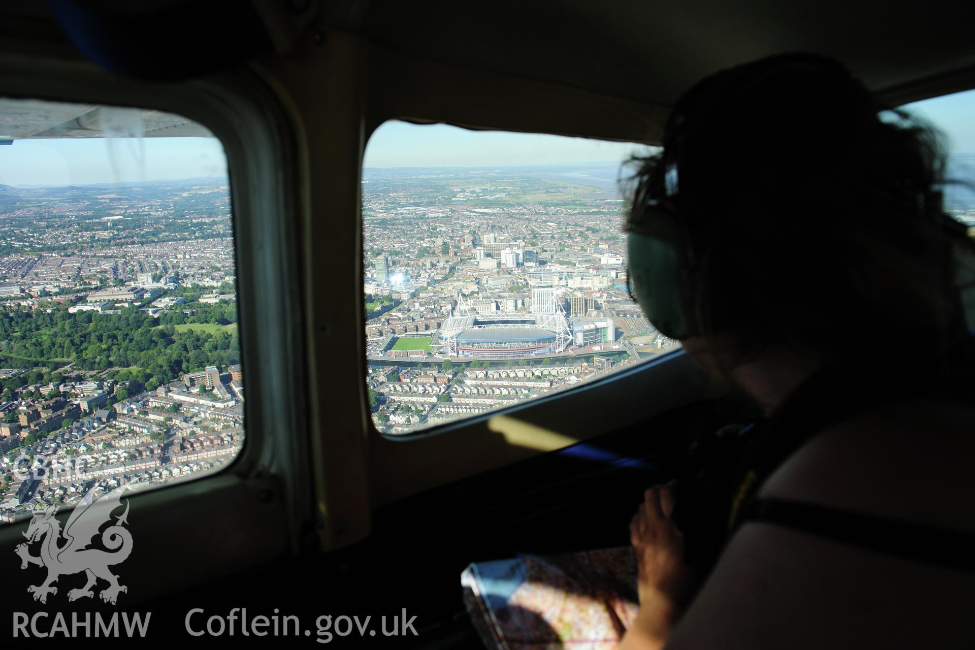 RCAHMW colour oblique photograph of Cardiff Millennium Stadium, view from the cockpit of the aircraft. Taken by Toby Driver on 24/07/2012.