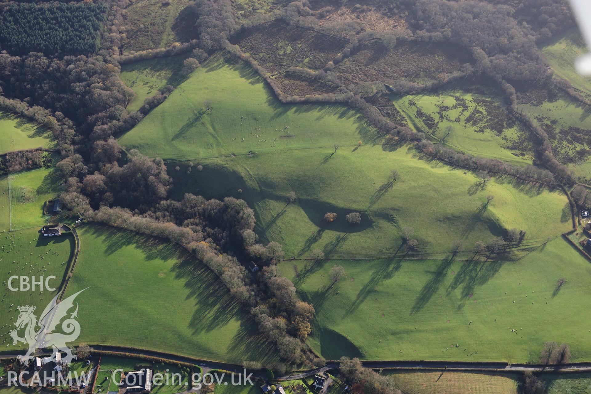 RCAHMW colour oblique photograph of Manorafan, earthworks of early field system in parkland. Taken by Toby Driver on 23/11/2012.