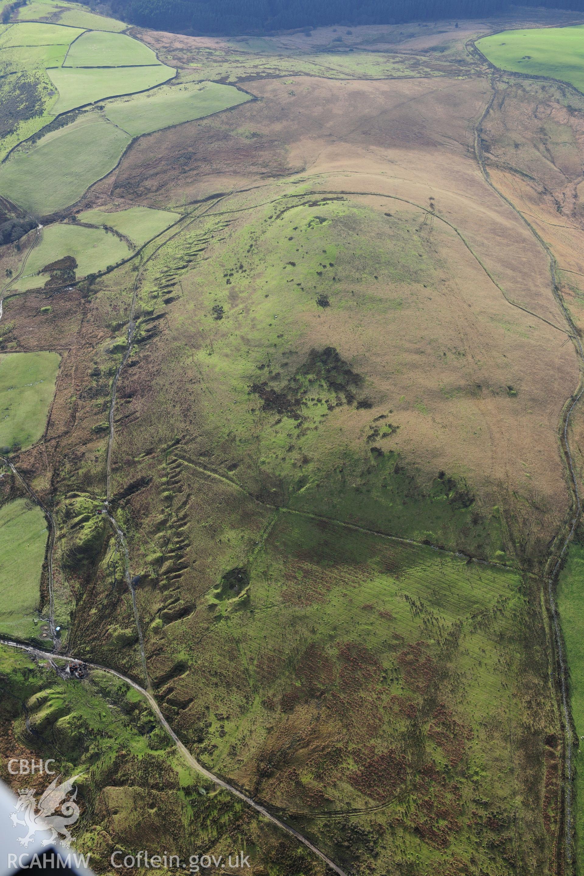 RCAHMW colour oblique photograph of Foel y Dyffryn, mine workings. Taken by Toby Driver on 28/11/2012.