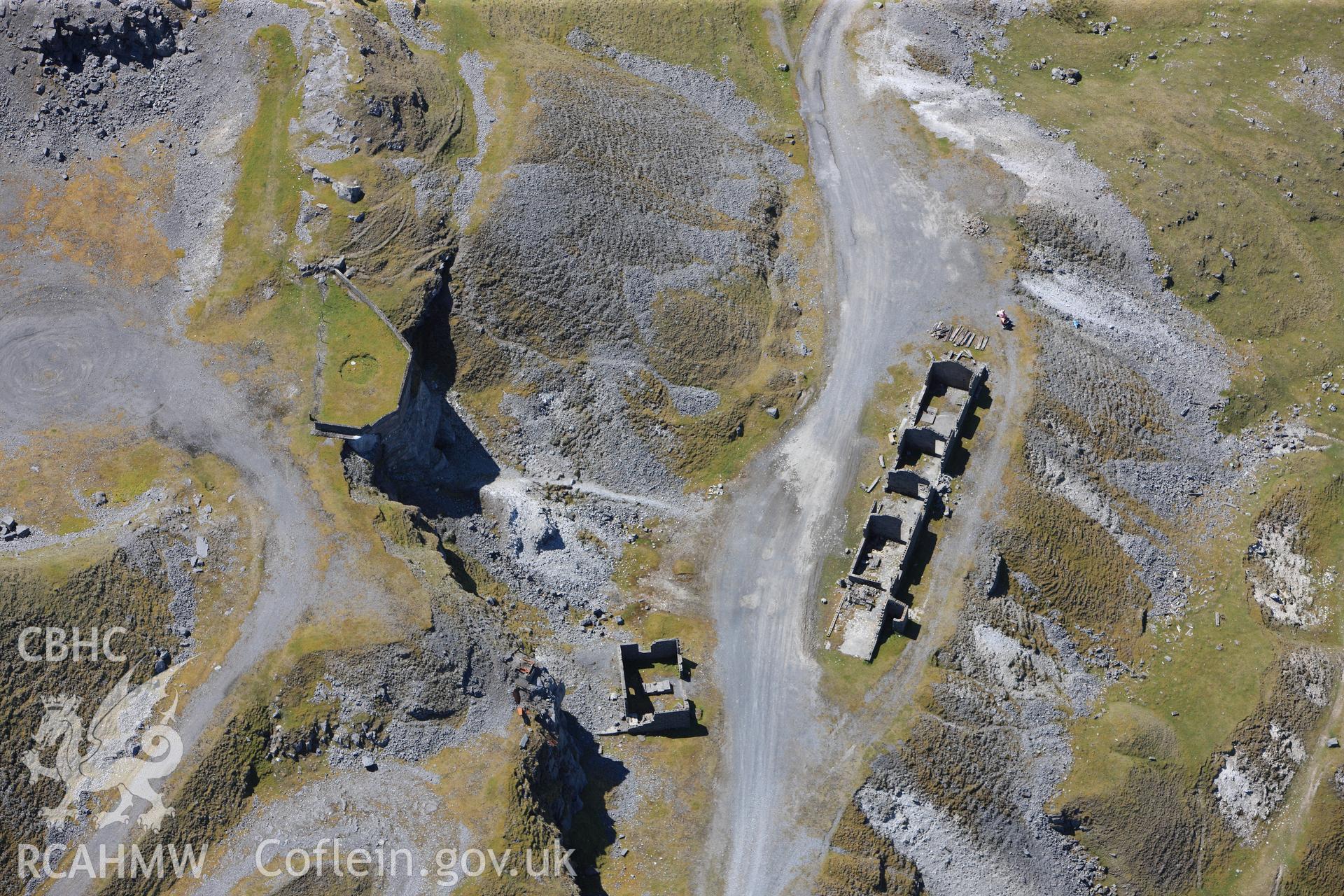 RCAHMW colour oblique photograph of Foel Fawr limeworkings, derelict barracks and limekiln. Taken by Toby Driver on 22/05/2012.