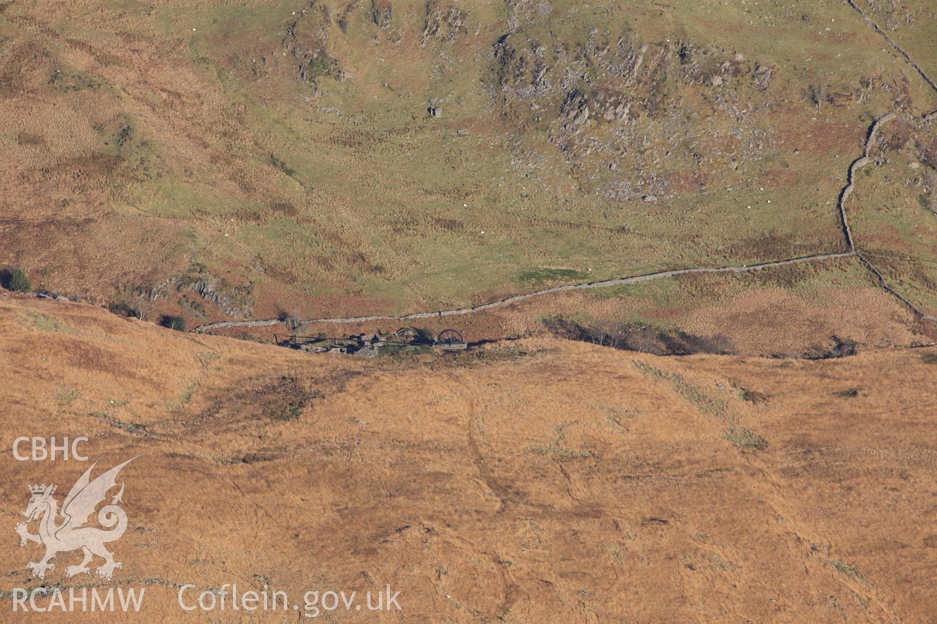 RCAHMW colour oblique photograph of Gilfach Copper Mine, Cwm Ciprwrth. Taken by Toby Driver on 10/12/2012.