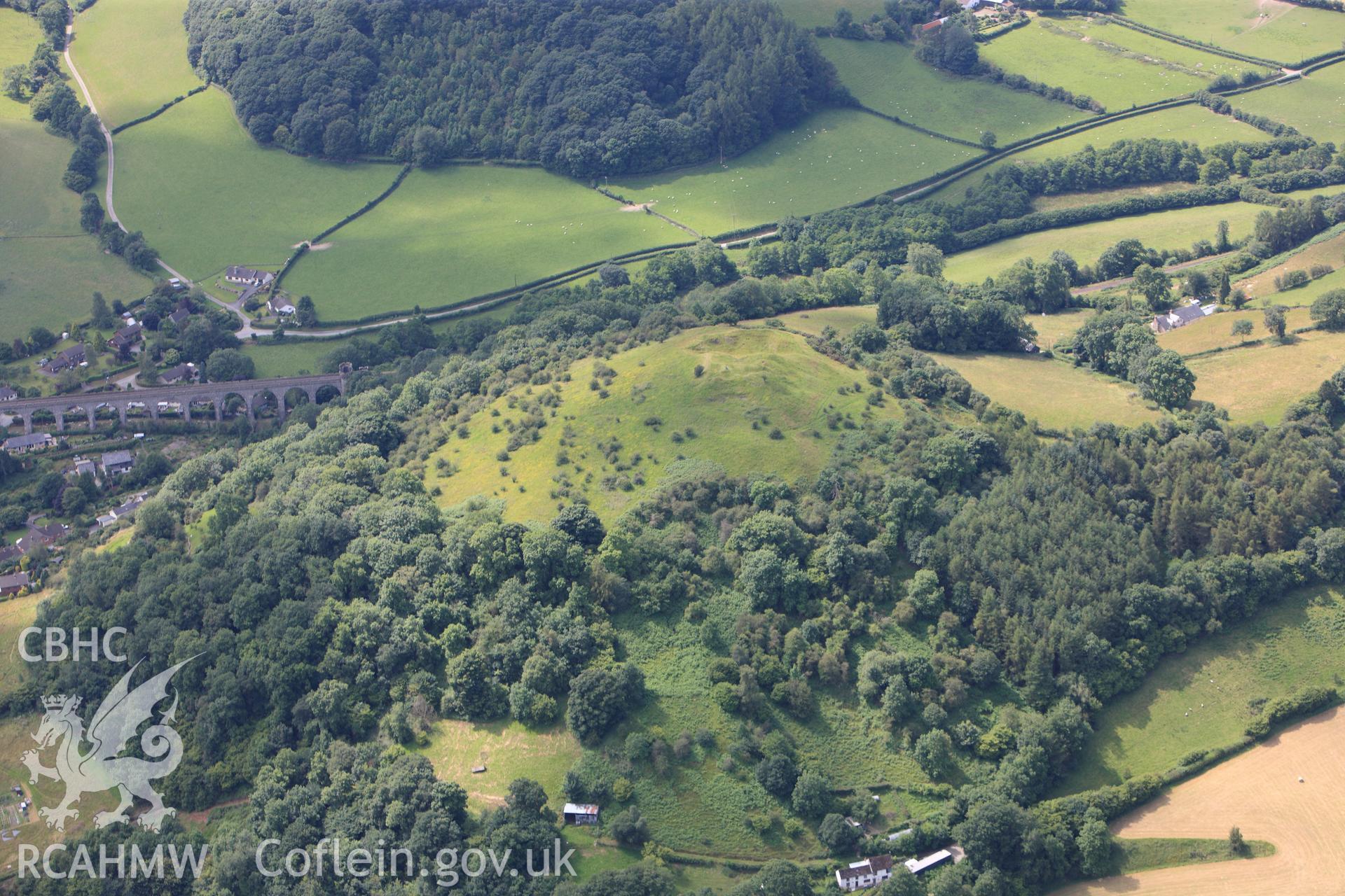 RCAHMW colour oblique photograph of Knucklas Castle, with village. Taken by Toby Driver on 27/07/2012.