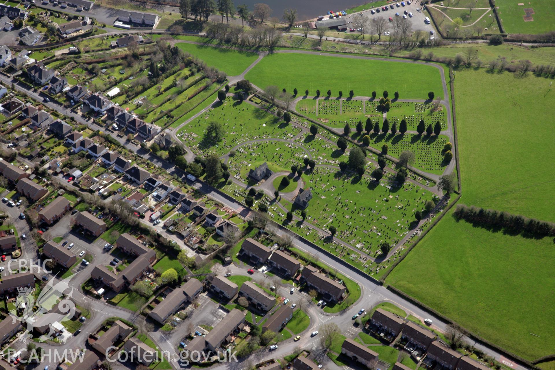 RCAHMW colour oblique photograph of Brecon cemetery. Taken by Toby Driver and Oliver Davies on 28/03/2012.