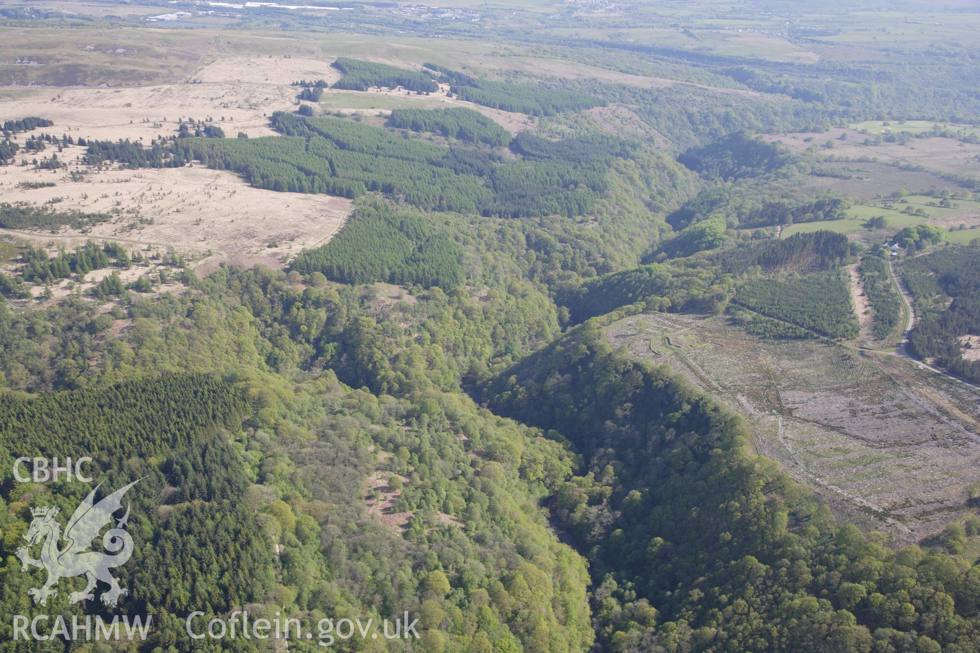 RCAHMW colour oblique photograph of Waterfall Country, Vale of Neath, Afon Hepste and woodland from the north. Taken by Toby Driver on 22/05/2012.