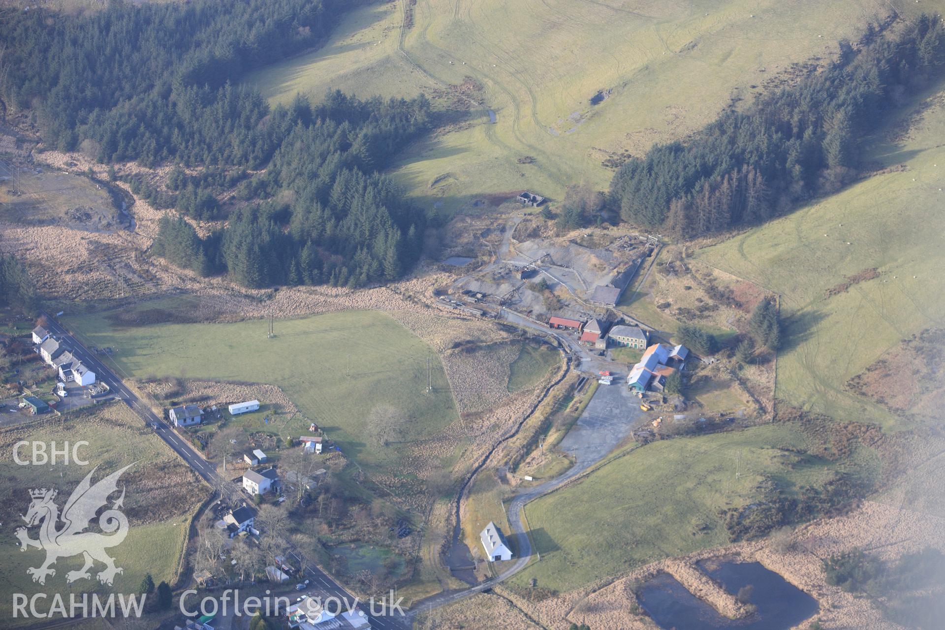 RCAHMW colour oblique photograph of Llywernog Silver Lead Mining Museum, View from South East. Taken by Toby Driver on 07/02/2012.