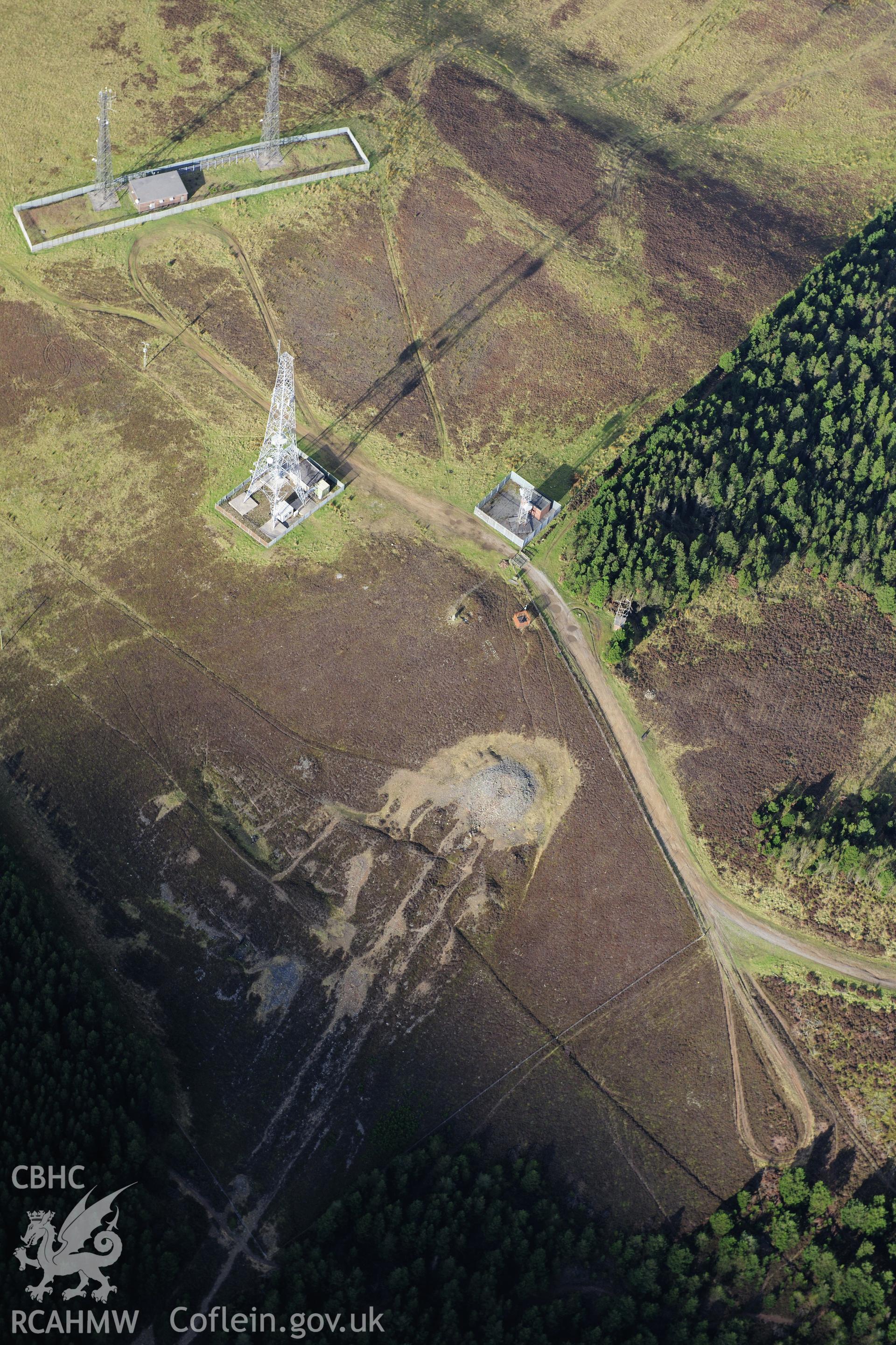 RCAHMW colour oblique photograph of Foel Fynyddau cairn, and Cwmafan Copper Works flue. Taken by Toby Driver on 28/11/2012.