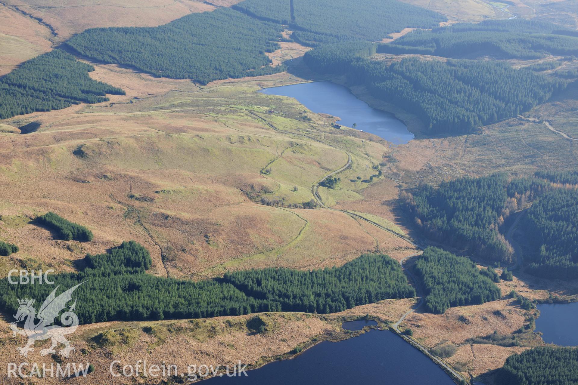 RCAHMW colour oblique photograph of Angler's Retreat, upland landscape from west with Llyn Conach. Taken by Toby Driver on 05/11/2012.