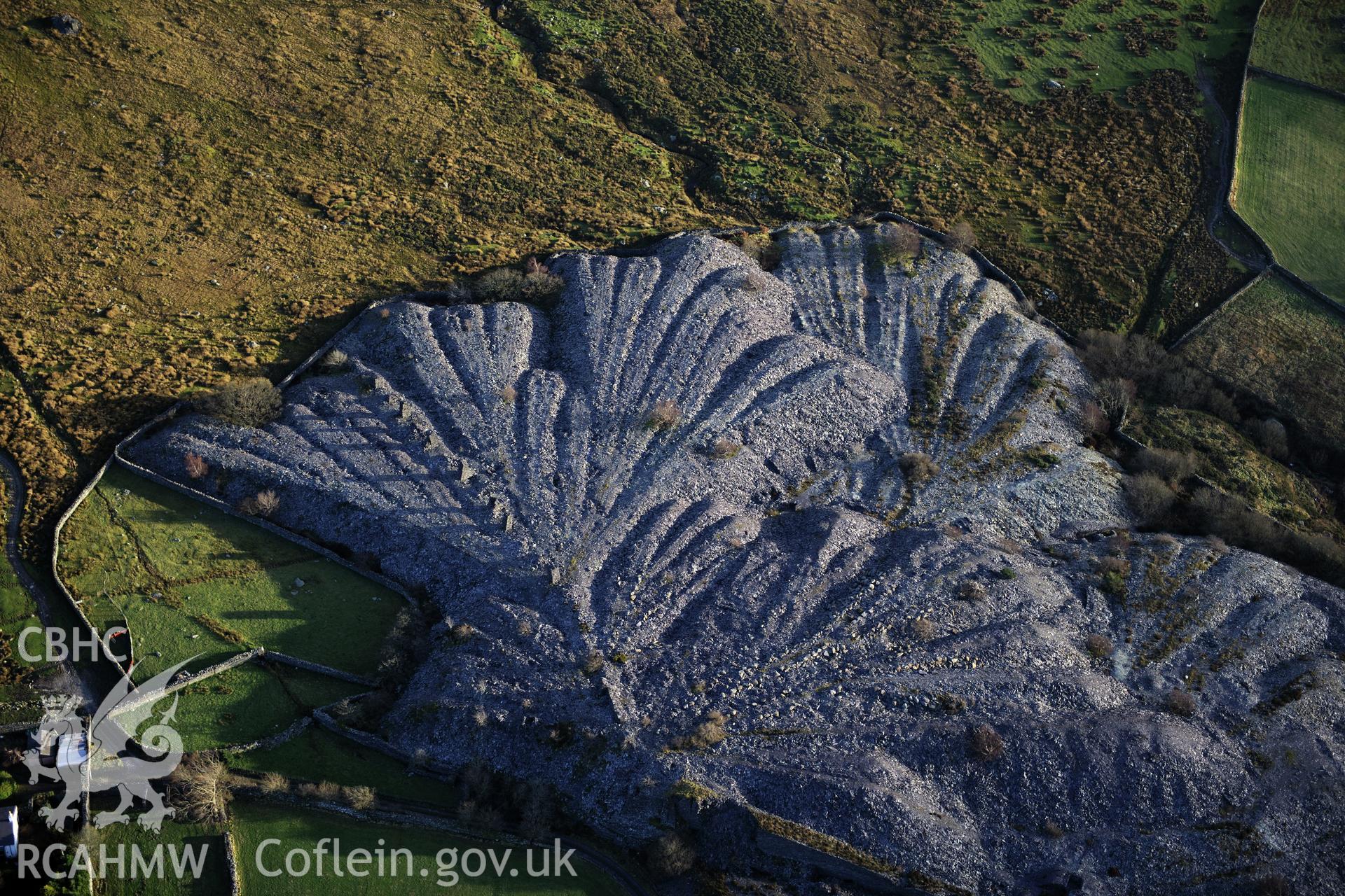 RCAHMW colour oblique photograph of Bryn Hafod-y-wern slate quarry. Taken by Toby Driver on 10/12/2012.