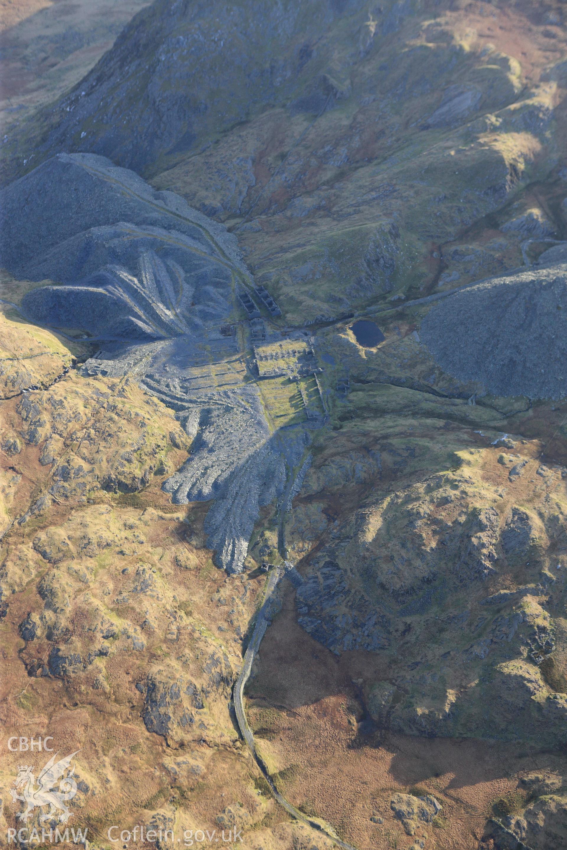 RCAHMW colour oblique photograph of Rhosydd slate quarry, Level 9 mill. Taken by Toby Driver on 13/01/2012.