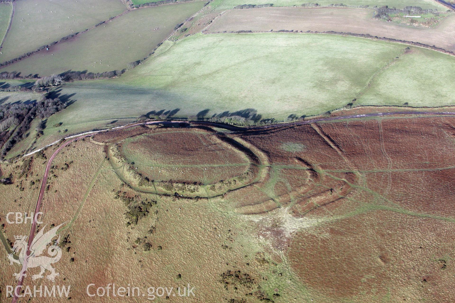 RCAHMW colour oblique photograph of Hardings Down, West Fort. Taken by Toby Driver on 02/02/2012.