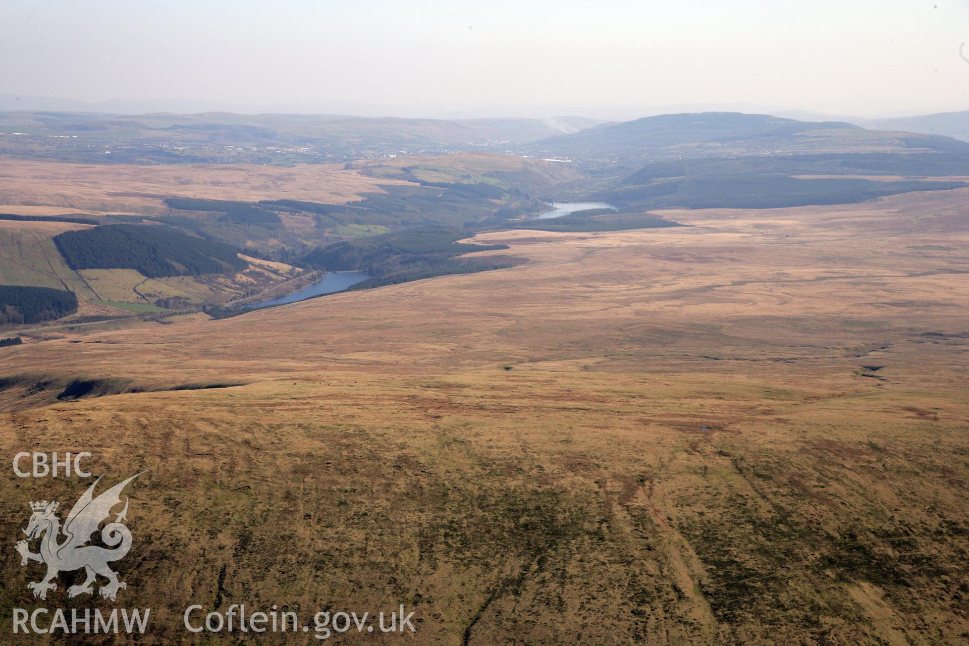 RCAHMW colour oblique photograph of Cantref Reservoir, landscape looking south. Taken by Toby Driver and Oliver Davies on 28/03/2012.